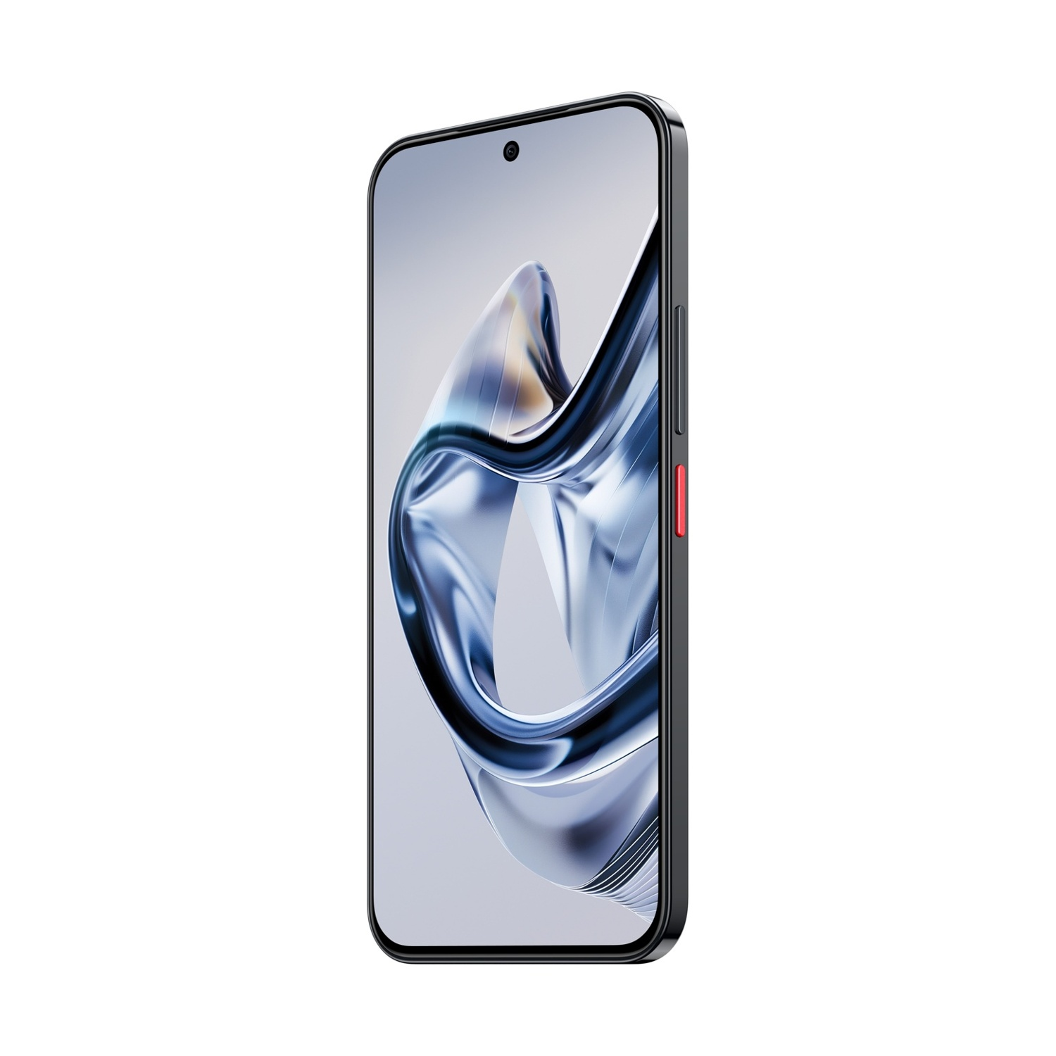 Uno smartphone nero con schermo curvo mostra un'immagine astratta blu e bianca. Un pulsante rosso è sul lato.