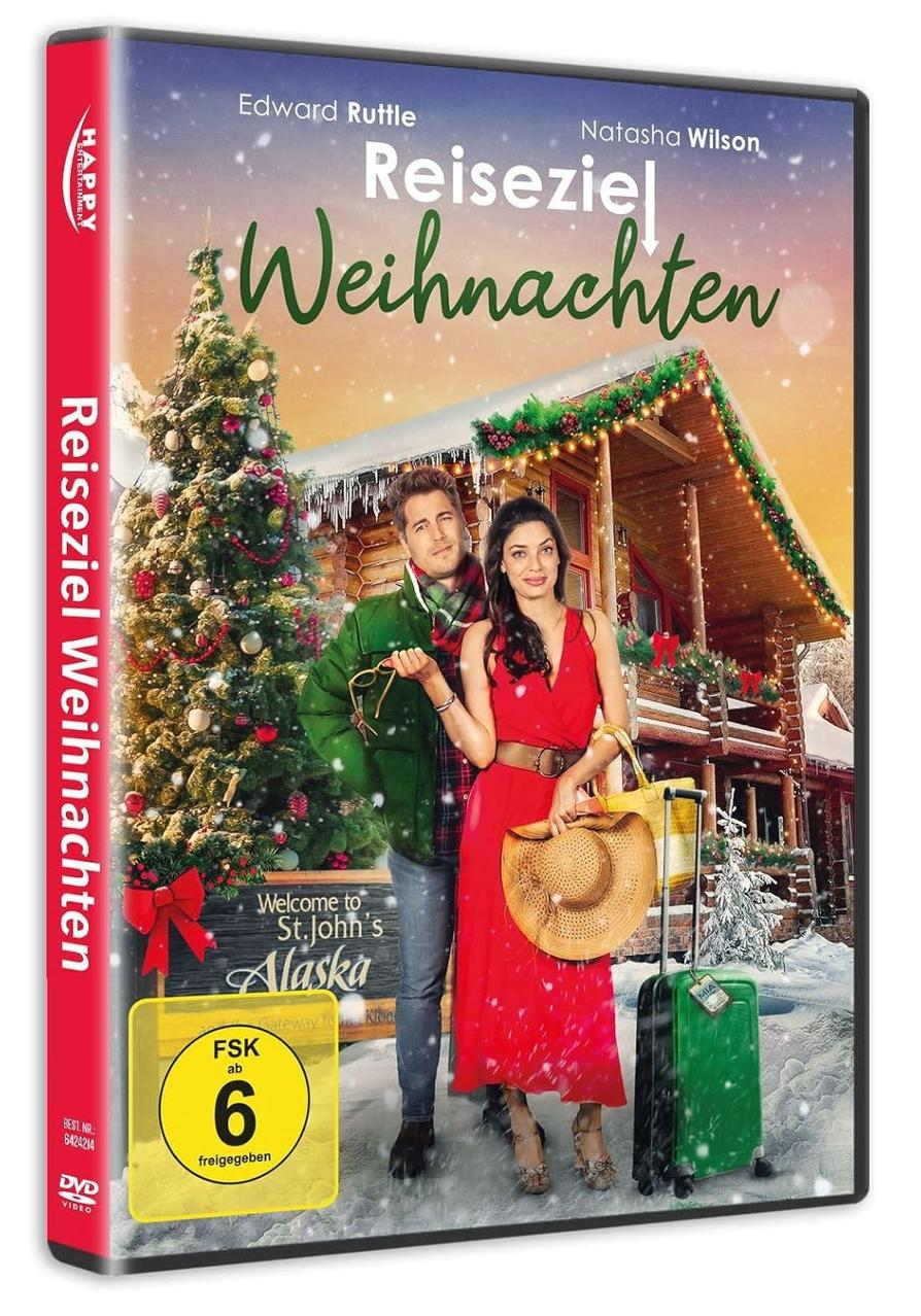 DVD-Cover. Ein Paar steht vor einer Hütte. Links ein Weihnachtsbaum. Der Titel lautet 'Reiseziel Weihnachten'.