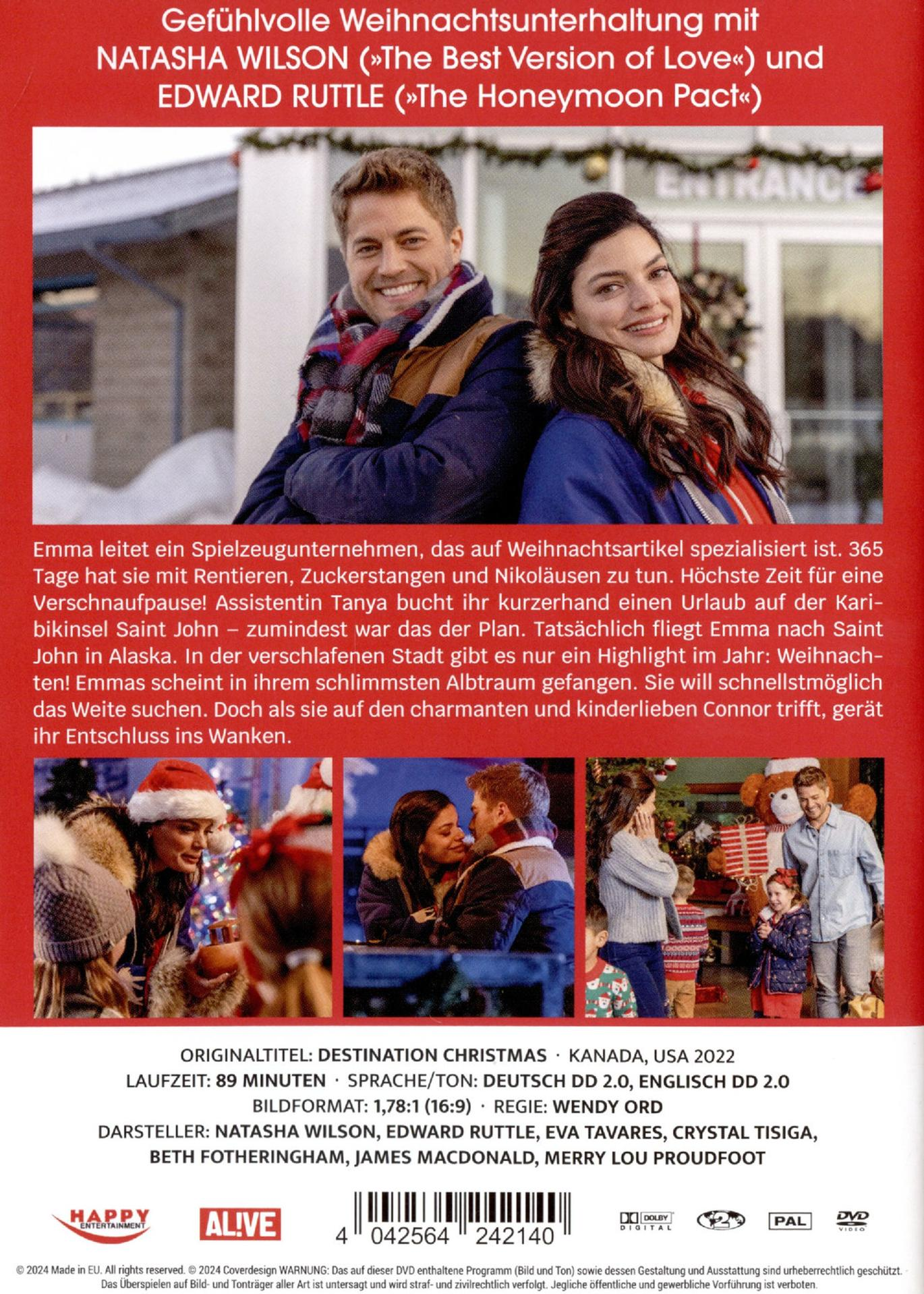 Ein Filmcover zeigt ein lächelndes Paar. Der Hintergrund hat Text und kleine Bilder zum Thema Weihnachten.