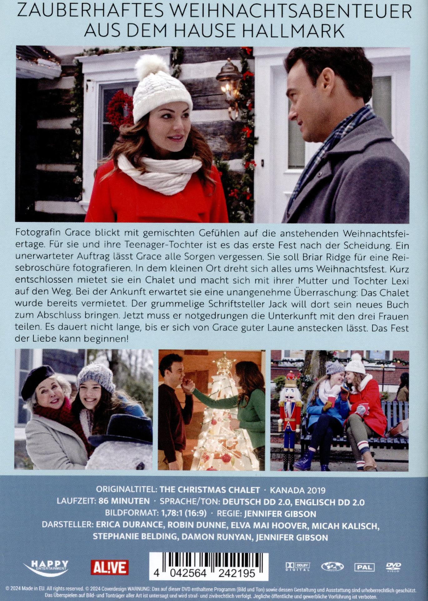 Ein Filmplakat zeigt eine Frau mit weißem Hut und einen Mann, die sich ansehen. Der Titel lautet 'The Christmas Chalet'.