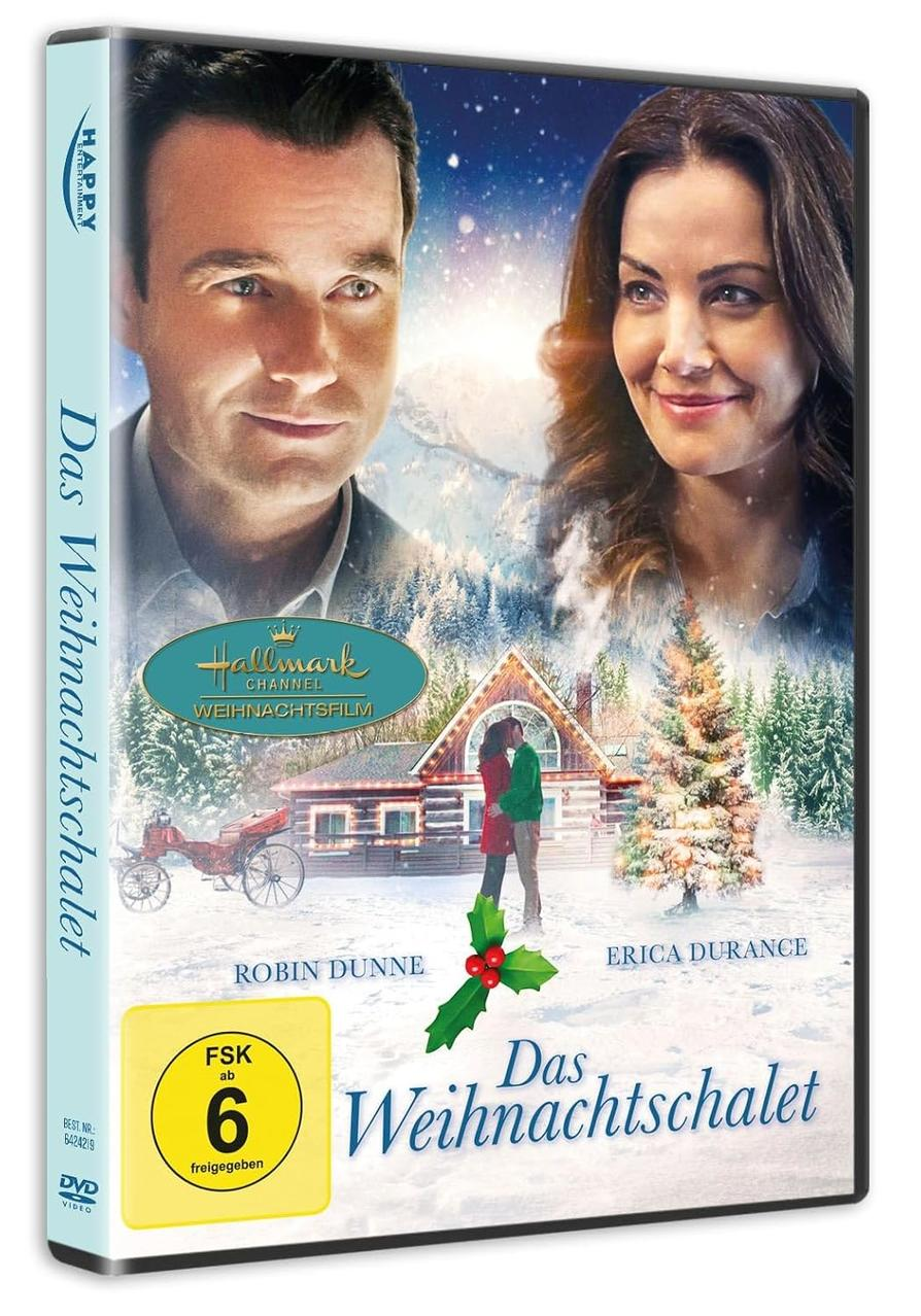 DVD-Cover von "Das Weihnachtschalet" mit Schauspielern, einer verschneiten Szene und einem sich küssenden Paar. Es enthält einen Weihnachtsbaum.