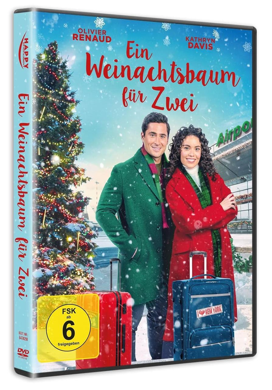 Ein Filmposter zeigt ein Paar in Mänteln mit Koffern vor einem Weihnachtsbaum. Der Titel lautet 'Ein Weinachtsbaum für Zwei'.
