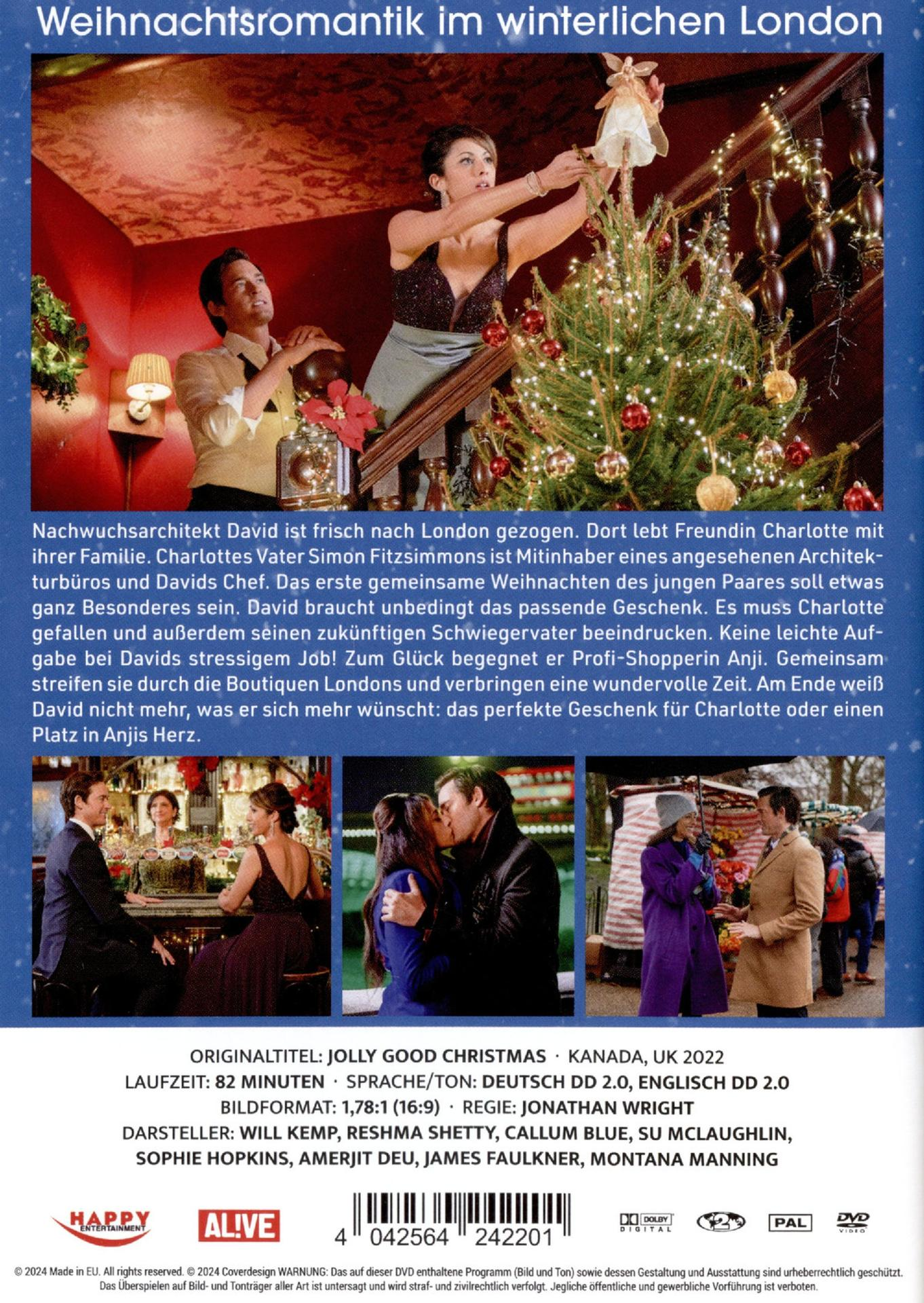 Ein Filmplakat zeigt ein Paar beim Schmücken eines Weihnachtsbaums, mit anderen Szenen eines romantischen Films. Text auf Deutsch ist vorhanden.