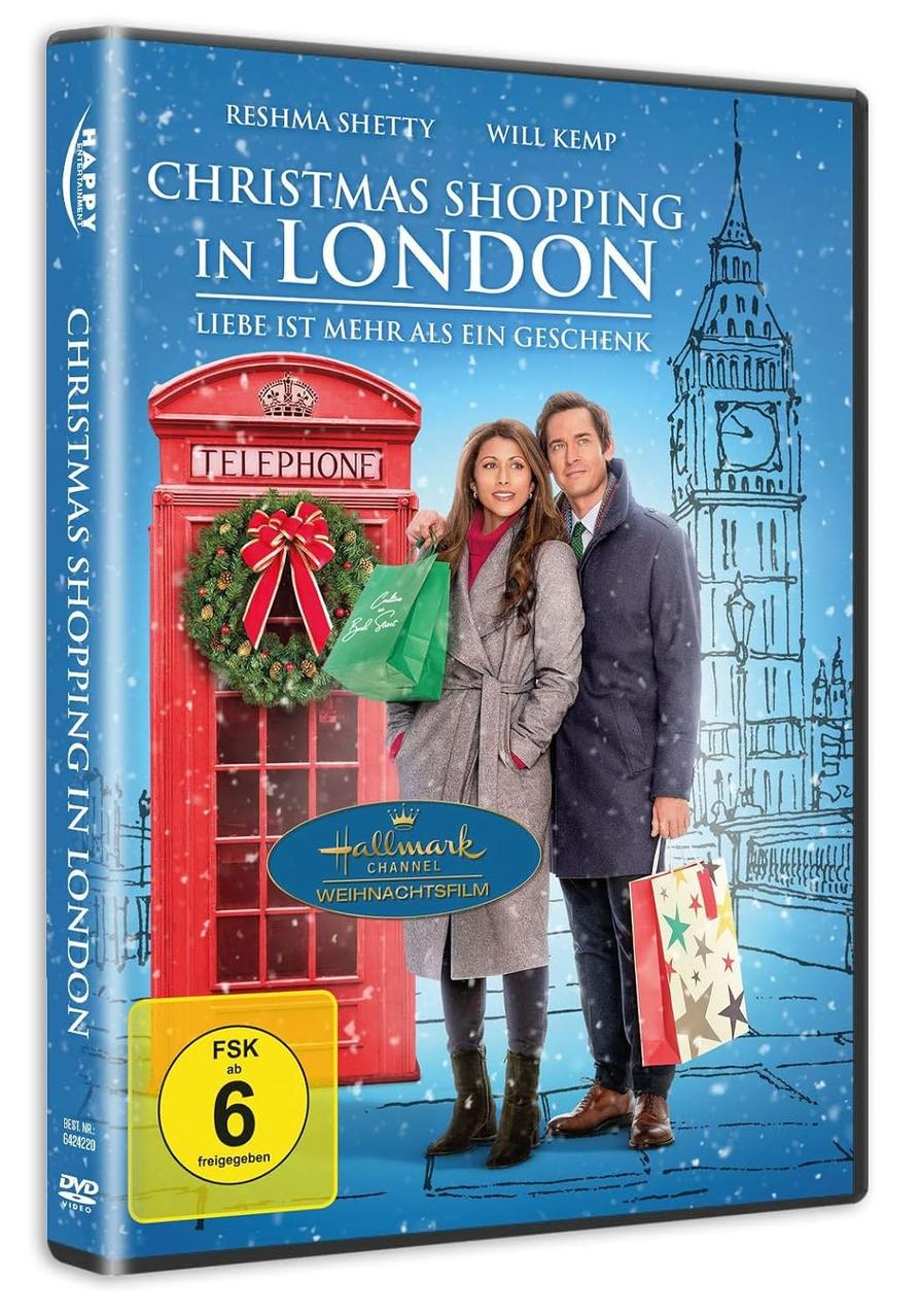DVD-Cover von 'Christmas Shopping in London'. Paar vor roter Telefonzelle, Big Ben im Hintergrund.