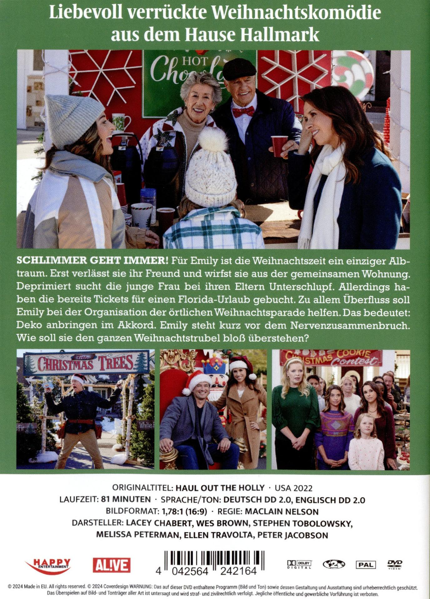 Filmposter mit Personen in Winterkleidung. Titel: 'Haul Out the Holly'. Festliche Weihnachtsdekorationen.