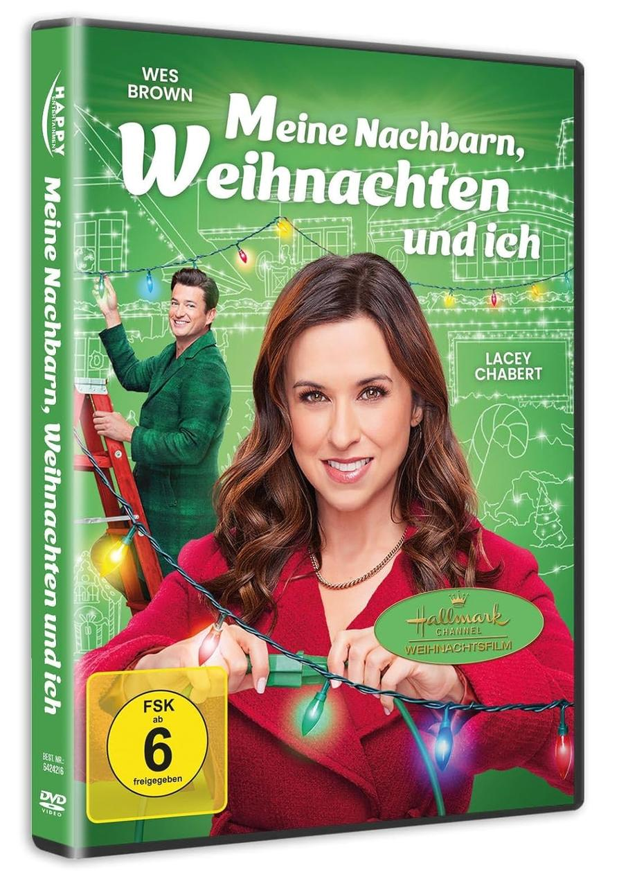 DVD-Cover, Frau in rotem Mantel hält Lichterketten. Mann auf Leiter. Titel: Meine Nachbarn, Weihnachten und ich.