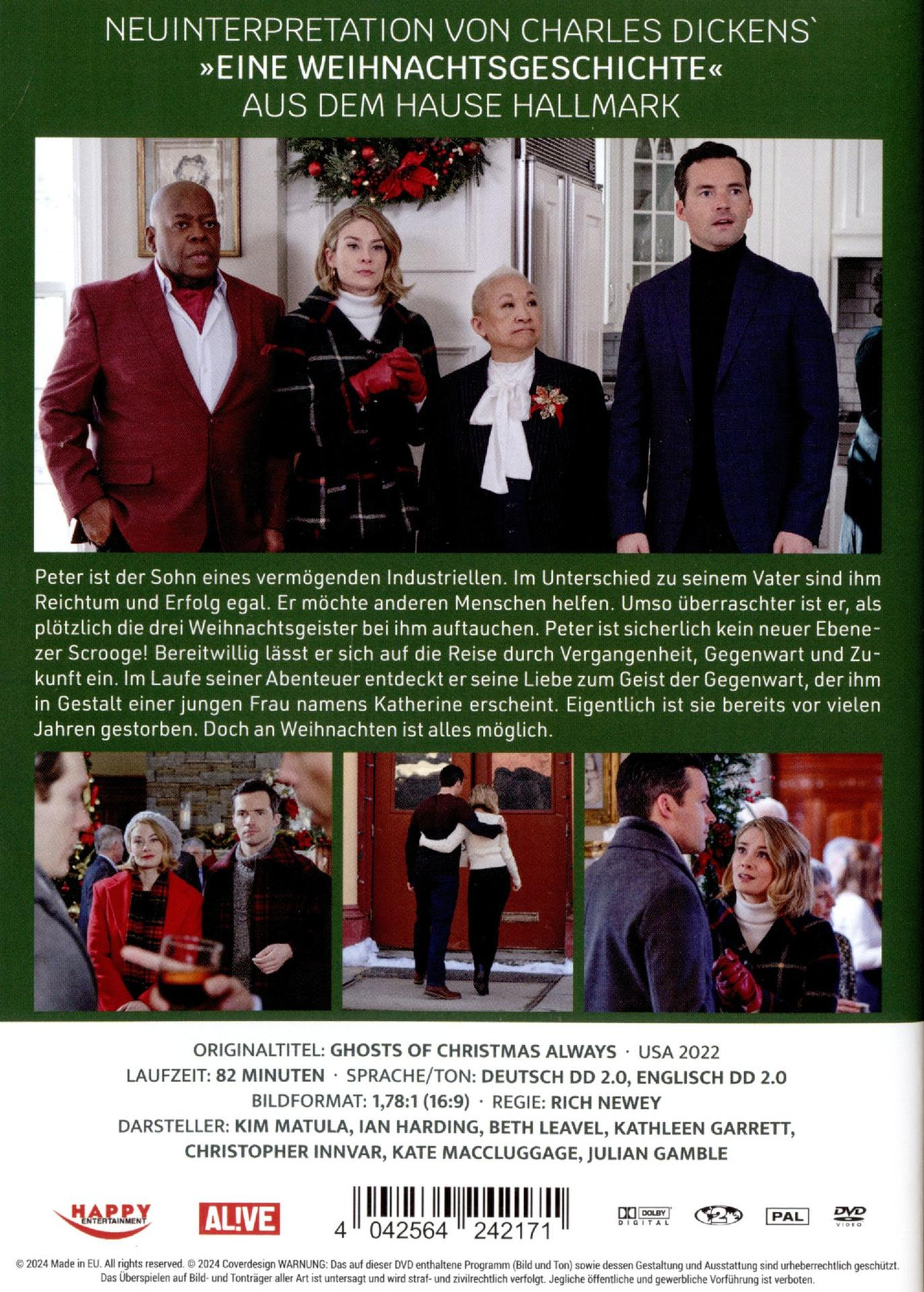 Filmcover zeigt vier Personen. Der Text lautet 'Ghosts of Christmas Always'. Ein Mann in einem roten Mantel und eine Frau in einem karierten Mantel sind prominent.