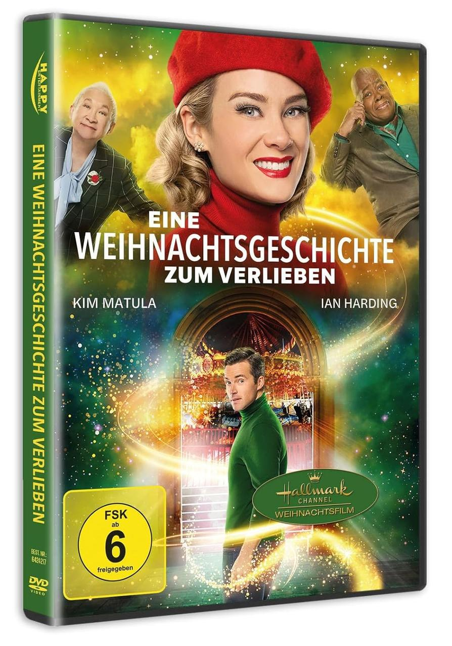 DVD-Cover mit Schauspielern und dem deutschen Titel 'Eine Weihnachtsgeschichte zum Verlieben'. Zeigt eine Frau in Rot und einen Mann in Grün.