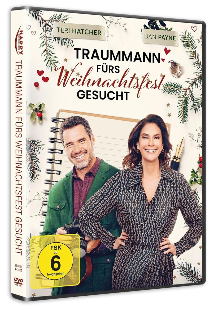 DVD-Cover. Ein Mann und eine Frau lächeln. Text lautet 'Traummann fürs Weihnachtsfest gesucht'. Weihnachtsdekorationen umgeben den Titel.