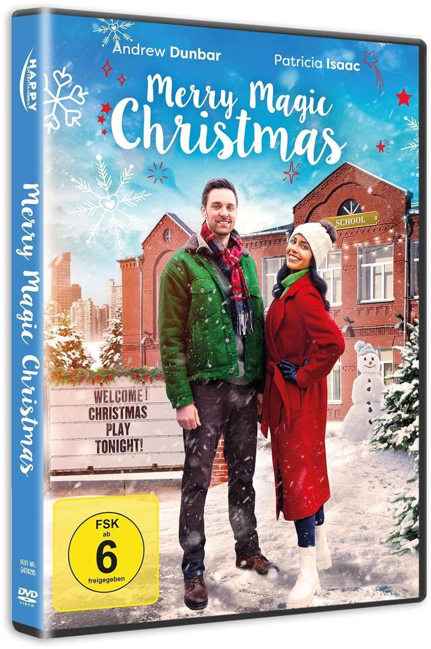 DVD-Cover: Mann und Frau vor einer Schule. Titel: Merry Magic Christmas. Schneemann und Weihnachtsbaum im Hintergrund.
