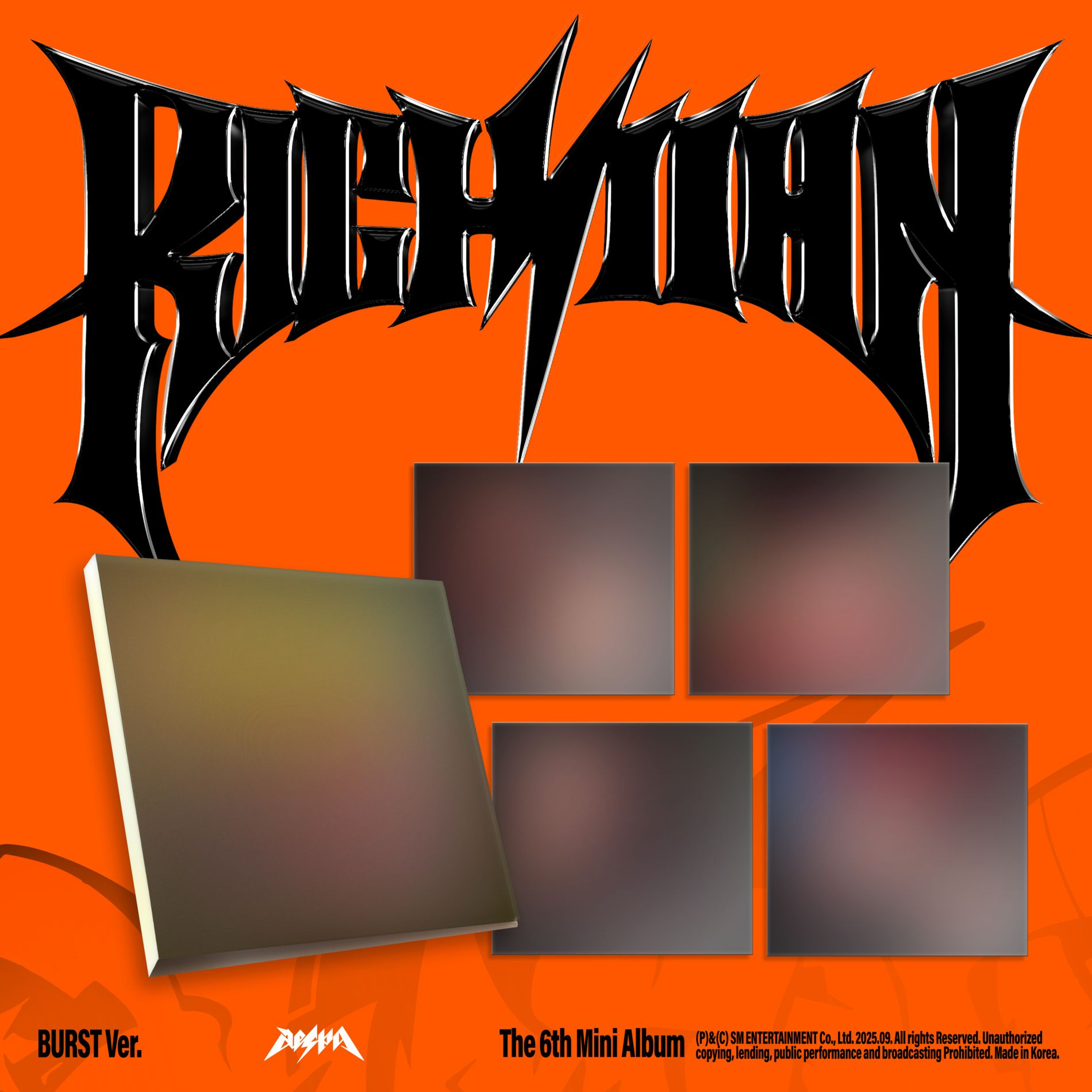 Couverture d'album avec texte noir stylisé sur fond orange. Images de l'album en bas. Texte: BURST Ver., The 6th Mini Album.