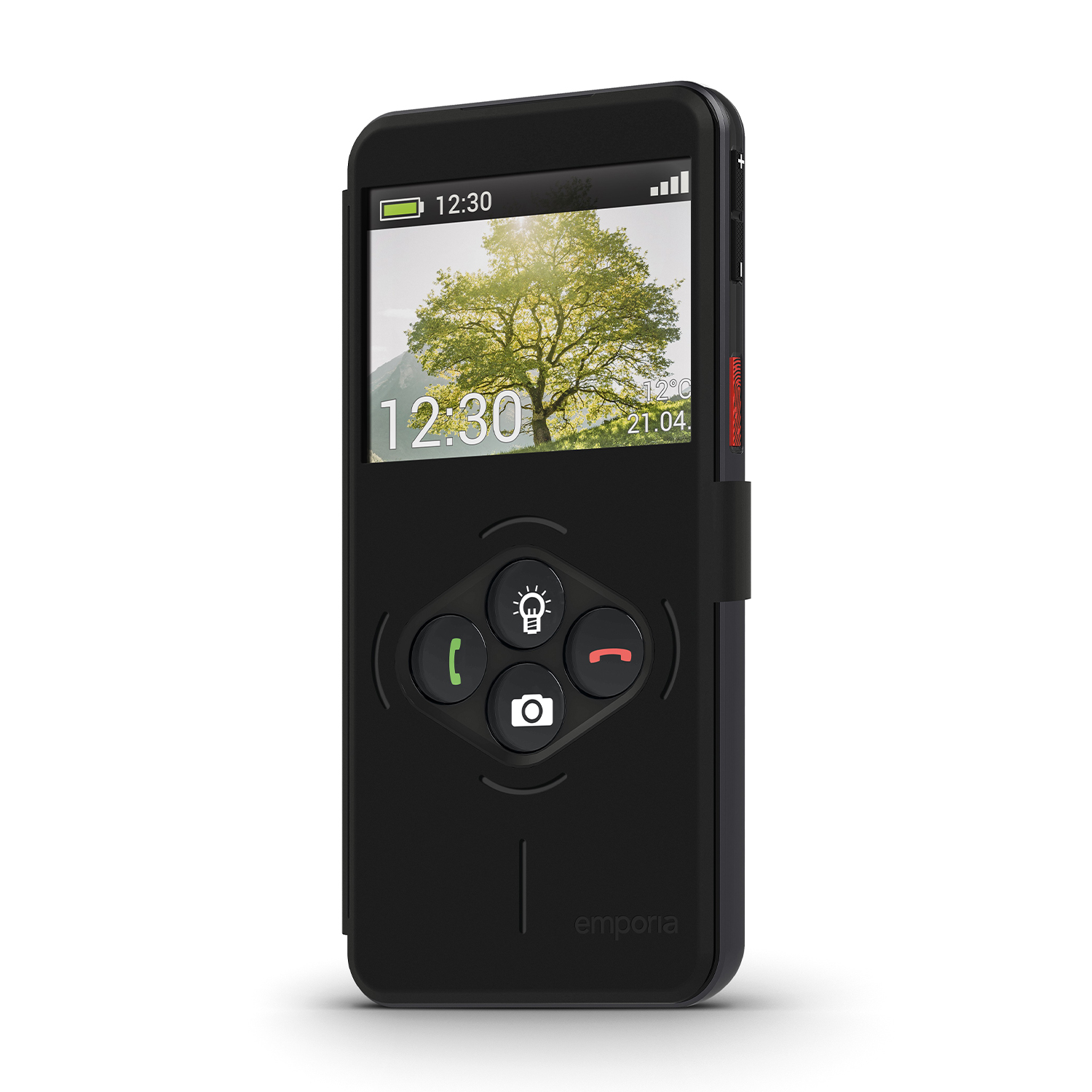 Uno smartphone nero con uno schermo che mostra una scena di albero. Ha pulsanti grandi per chiamate e fotocamera, e il marchio emporia.