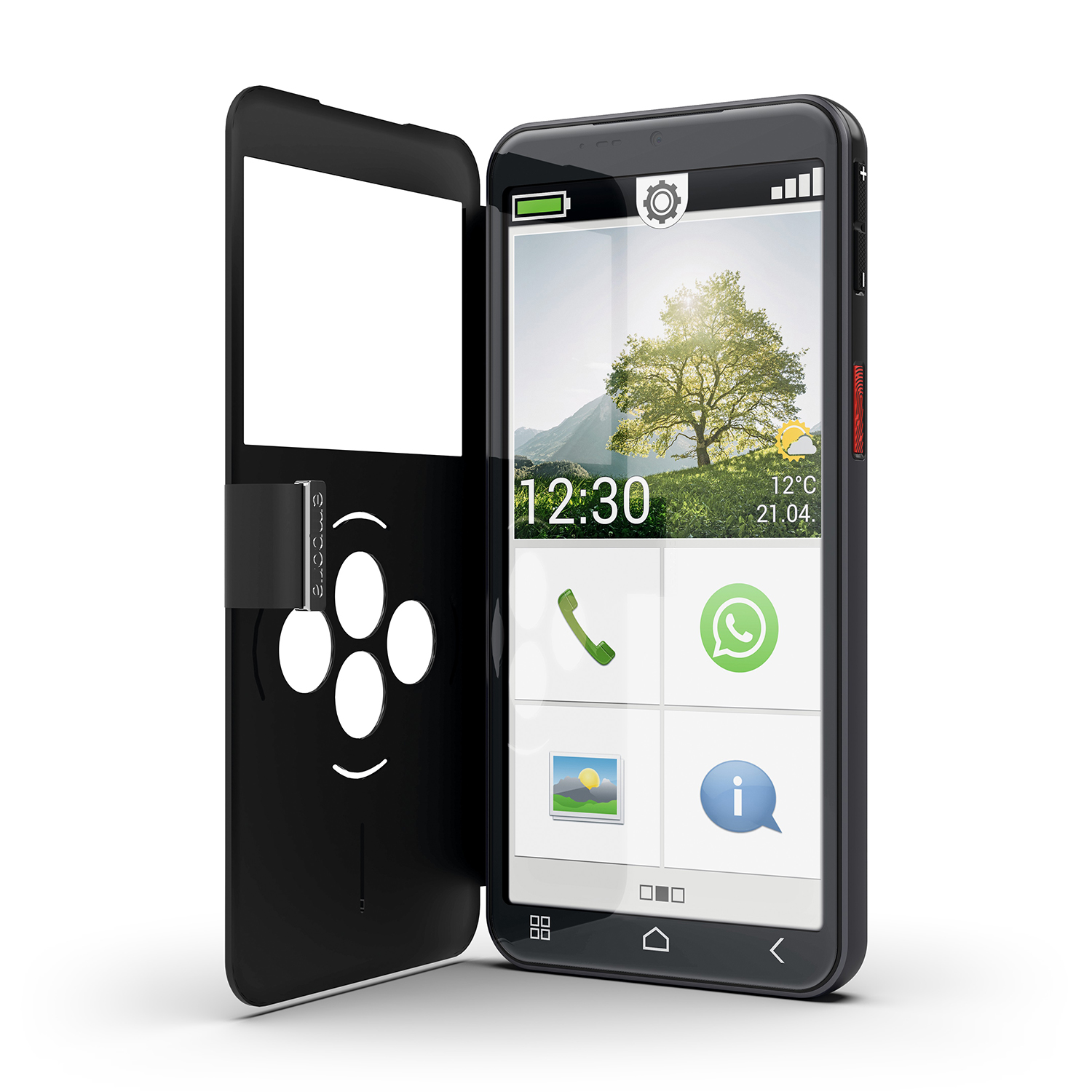 Uno smartphone nero con una cover aperta. Lo schermo mostra un'immagine di un albero, l'orologio e le icone delle app. La cover ha dei ritagli circolari.