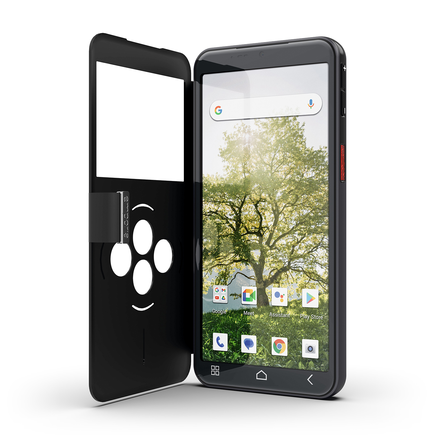 Smartphone nero con cover aperta. Schermo mostra un albero. Barra di ricerca Google, icone delle app visibili. Sfondo bianco.