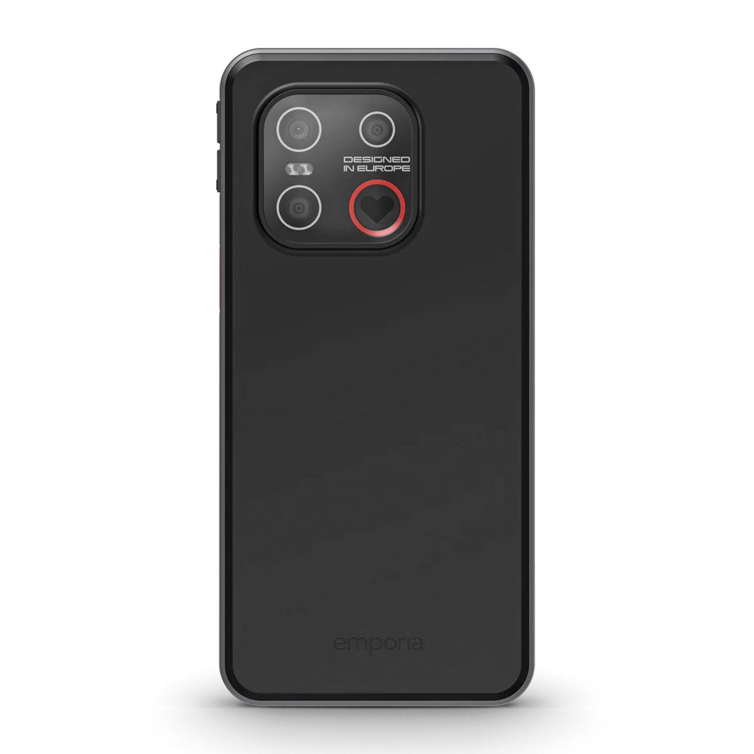 Una custodia per telefono nera con fori per la fotocamera e un design a forma di cuore. Testo: 'DESIGNED IN EUROPE' e 'emporia'.