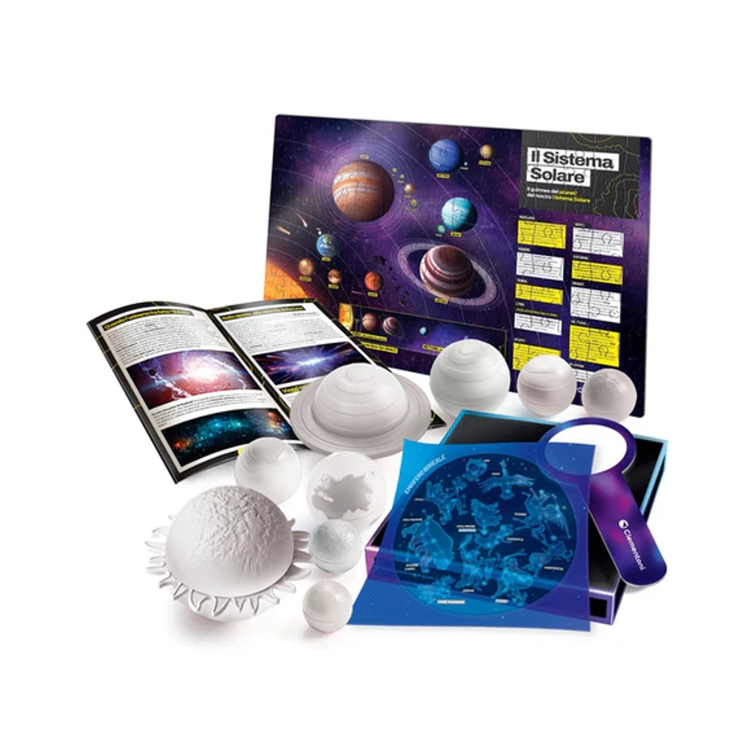 Un kit educativo sul sistema solare. Include modelli di pianeti, un poster, libri, una lente d'ingrandimento e una mappa stellare.