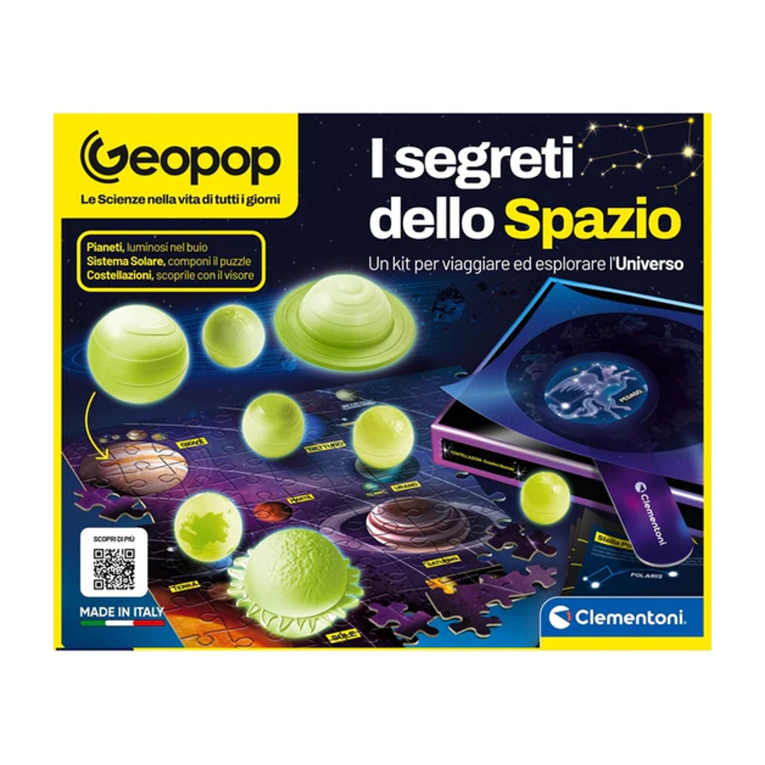Una scatola del kit spaziale Geopop con pianeti luminosi, un puzzle e costellazioni, con le parole 'I segreti dello Spazio'.