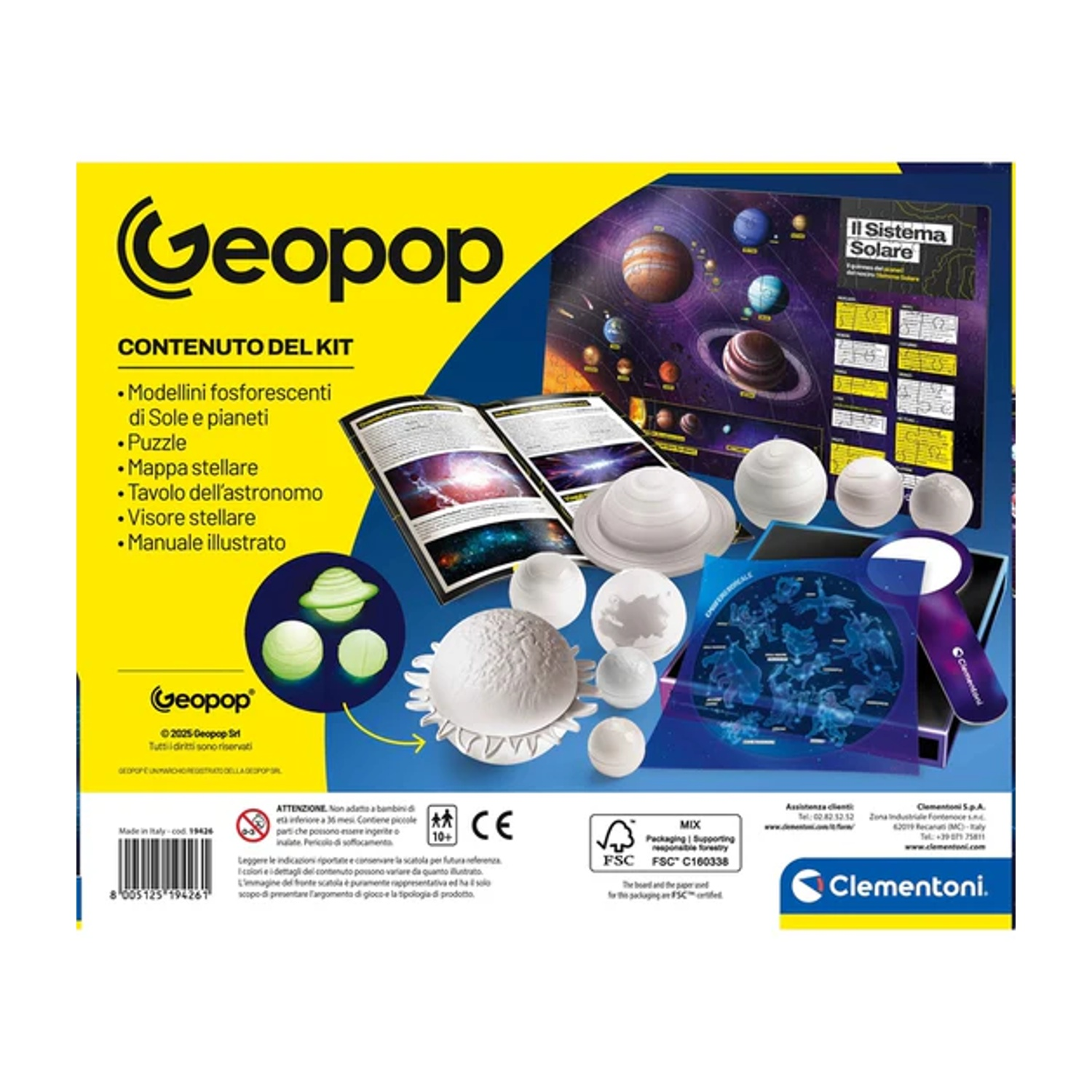 Kit sistema solare Geopop con pianeti, puzzle, mappa stellare e tavolo astronomia. Include sfere bianche e lente di ingrandimento.