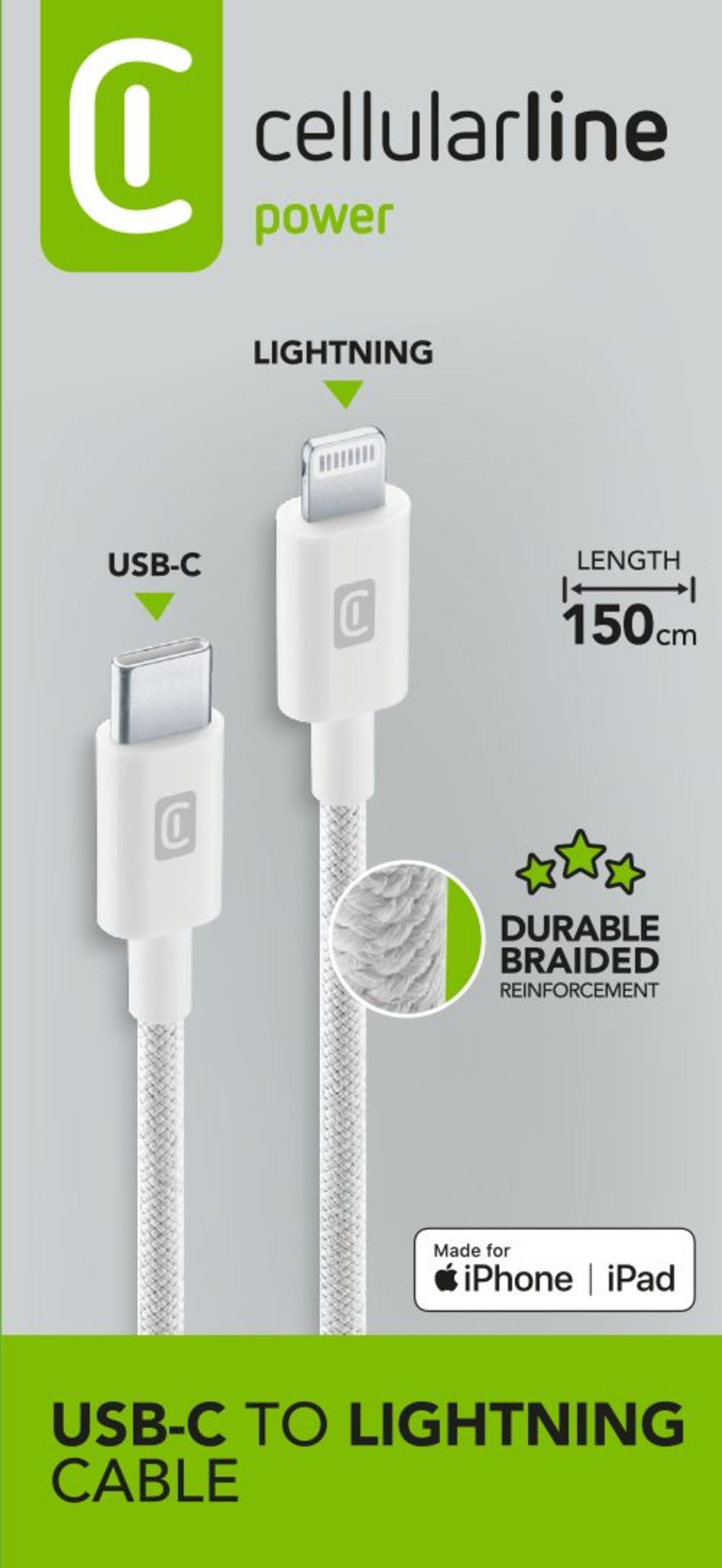 Weißes USB-C-auf-Lightning-Kabel. Zeigt Anschlüsse, geflochtenes Kabel und Text: Durable Braided Reinforcement. Marke: cellularline.