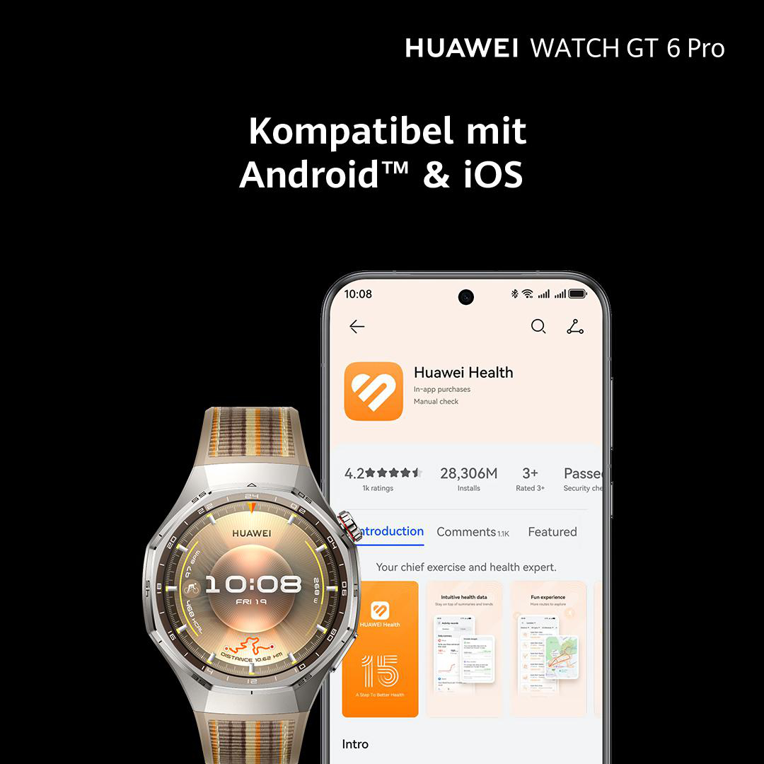 Eine Huawei Watch GT 6 Pro neben einem Smartphone, das die Huawei Health App zeigt, schwarzer Hintergrund, Text zur Kompatibilität.