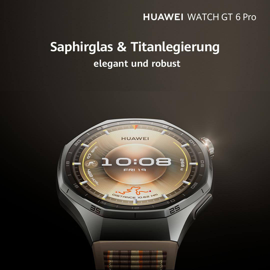 Eine Huawei Watch GT 6 Pro wird angezeigt, die Zeit, Datum und Gesundheitsmetriken anzeigt. Die Uhr hat eine Metalllünette und ein gemustertes Armband.