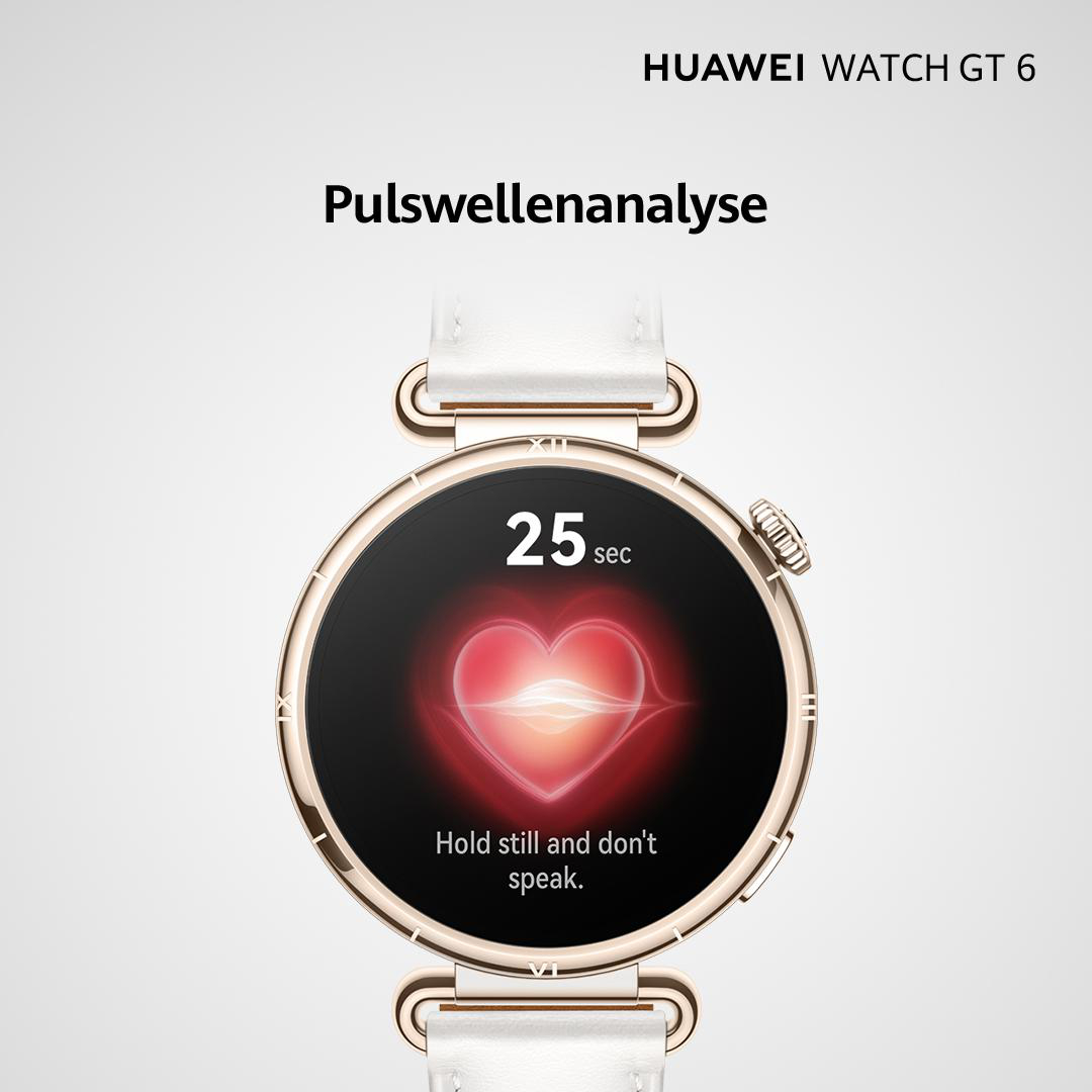 Eine Huawei Watch GT 6 zeigt eine Herzfrequenzanalyse. Das Zifferblatt zeigt ein leuchtendes Herzsymbol und einen Timer, der von 25 Sekunden herunterzählt.