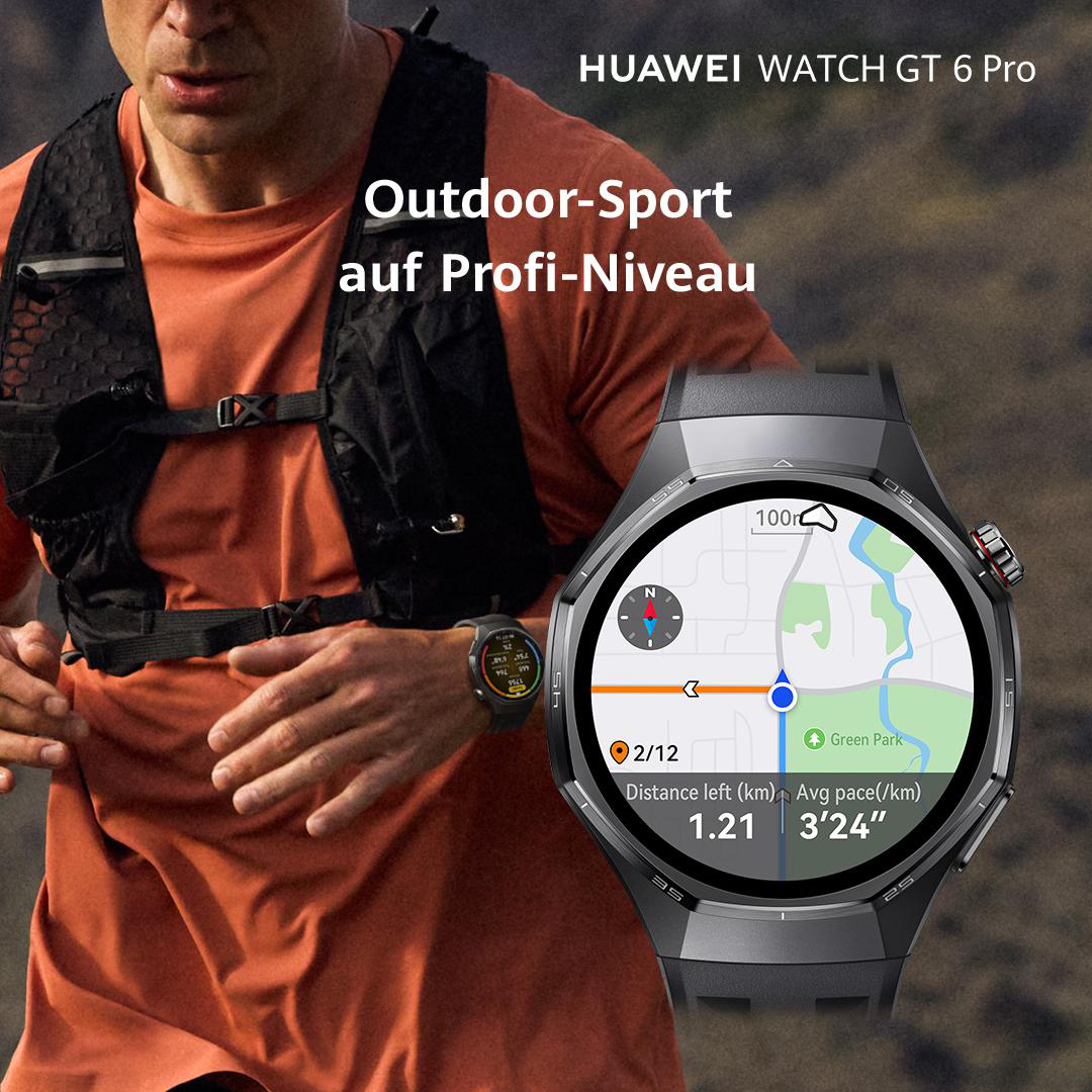 Ein Mann, der mit einer Smartwatch läuft, die eine Karte anzeigt. Die Uhr überwacht seinen Lauf. Die Szene ist im Freien.