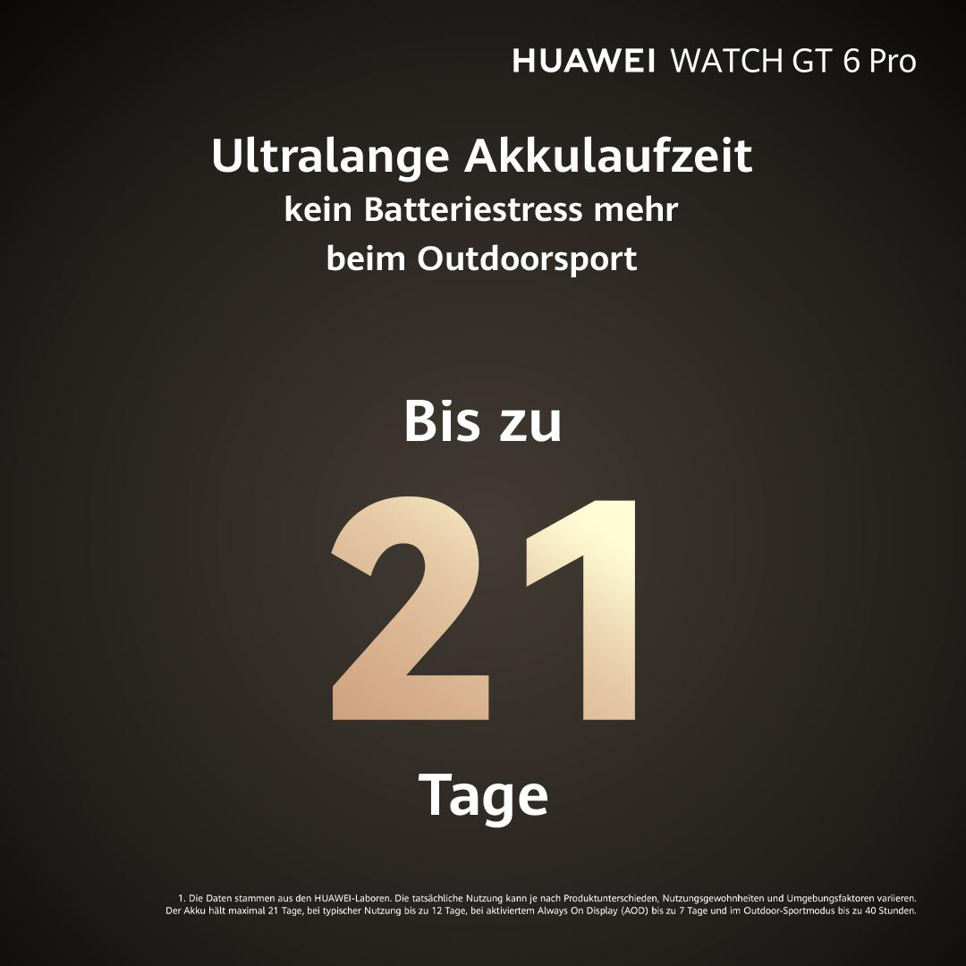 Das Bild zeigt Text zur Huawei Watch GT 6 Pro. Es hebt die lange Akkulaufzeit von bis zu 21 Tagen hervor. Schwarzer Hintergrund mit goldfarbenem Text.