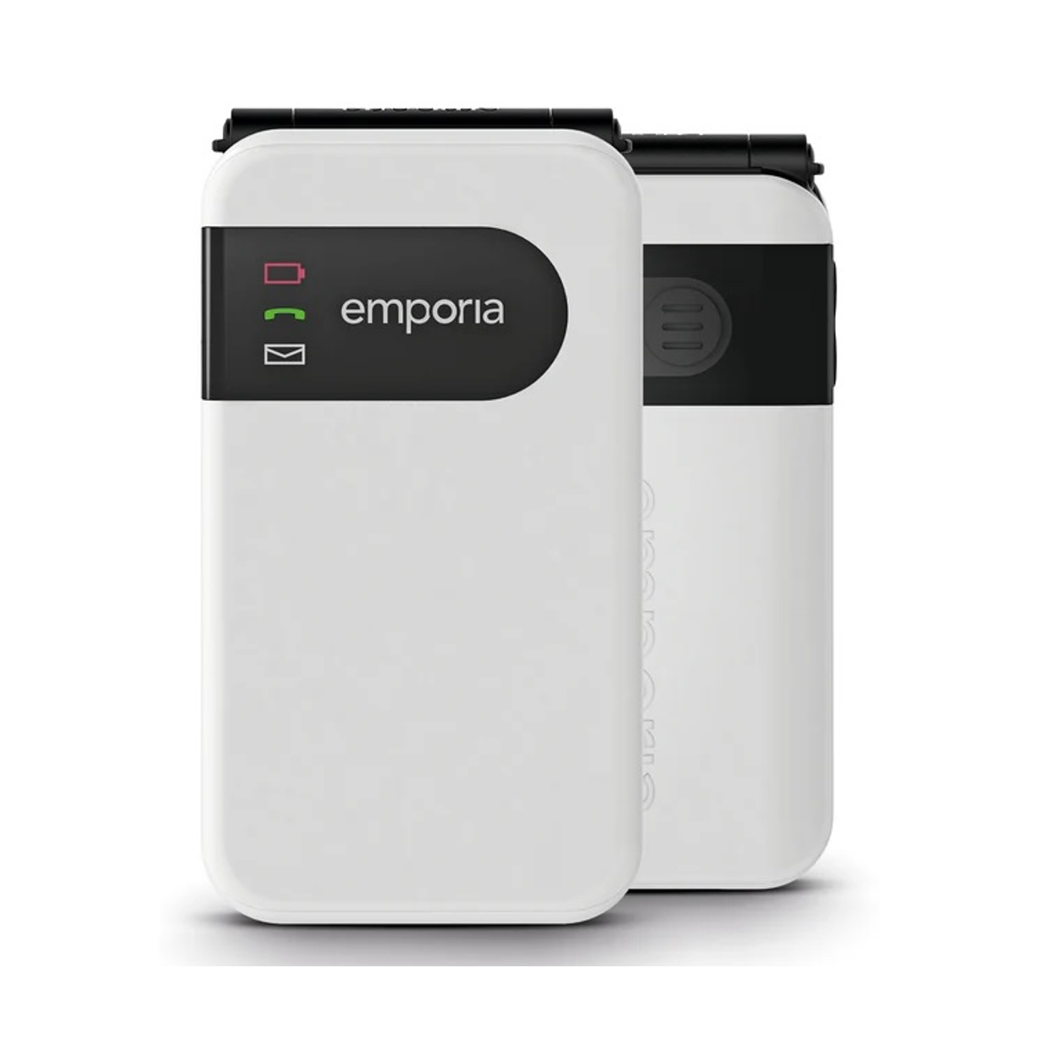 Due dispositivi Emporia bianchi. Uno ha una parte superiore nera e una barra di stato con icone batteria, chiamata e posta. Il logo è 'emporia'.