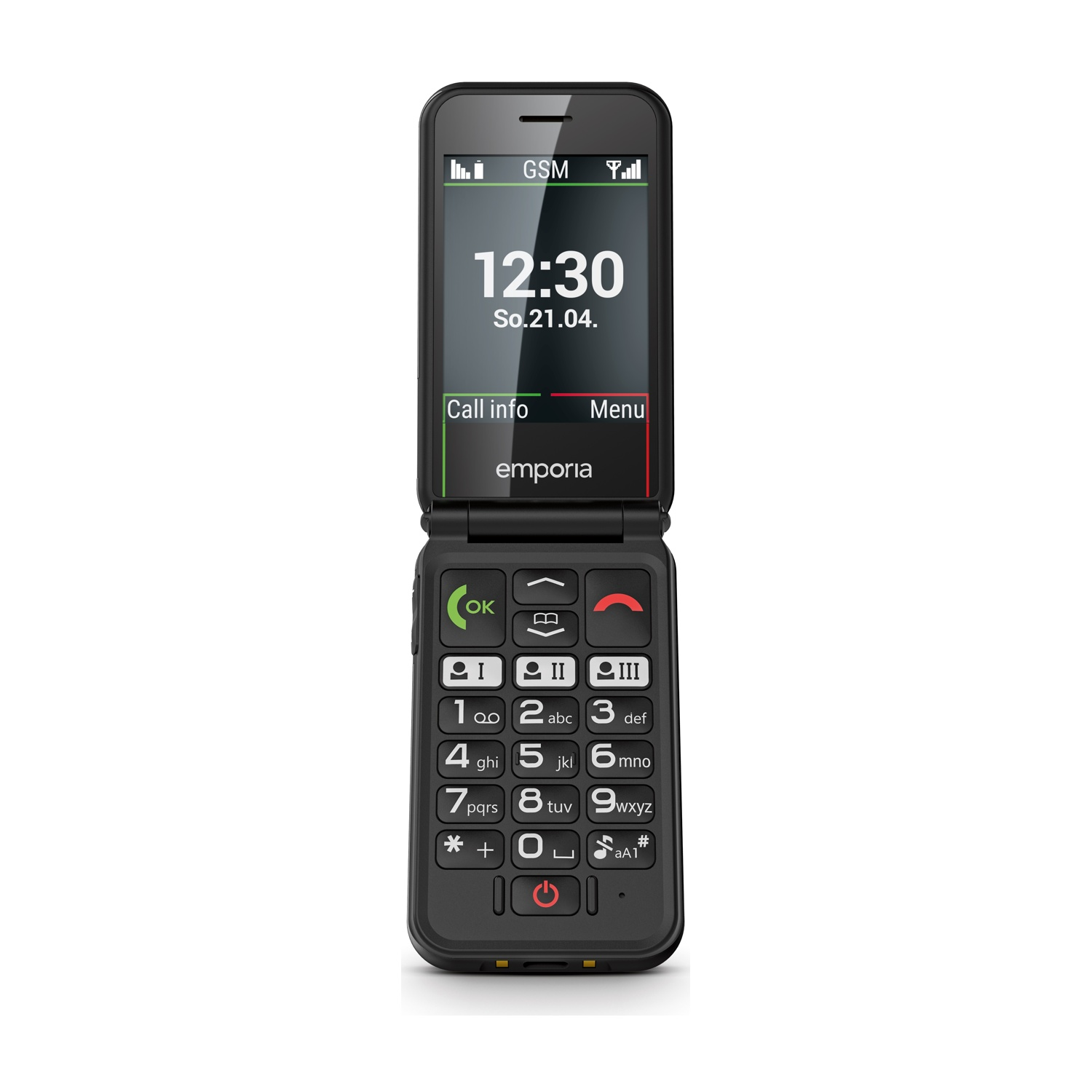 Un telefono a conchiglia nero con schermo che mostra ora e data. La tastiera ha tasti grandi e un pulsante di accensione.