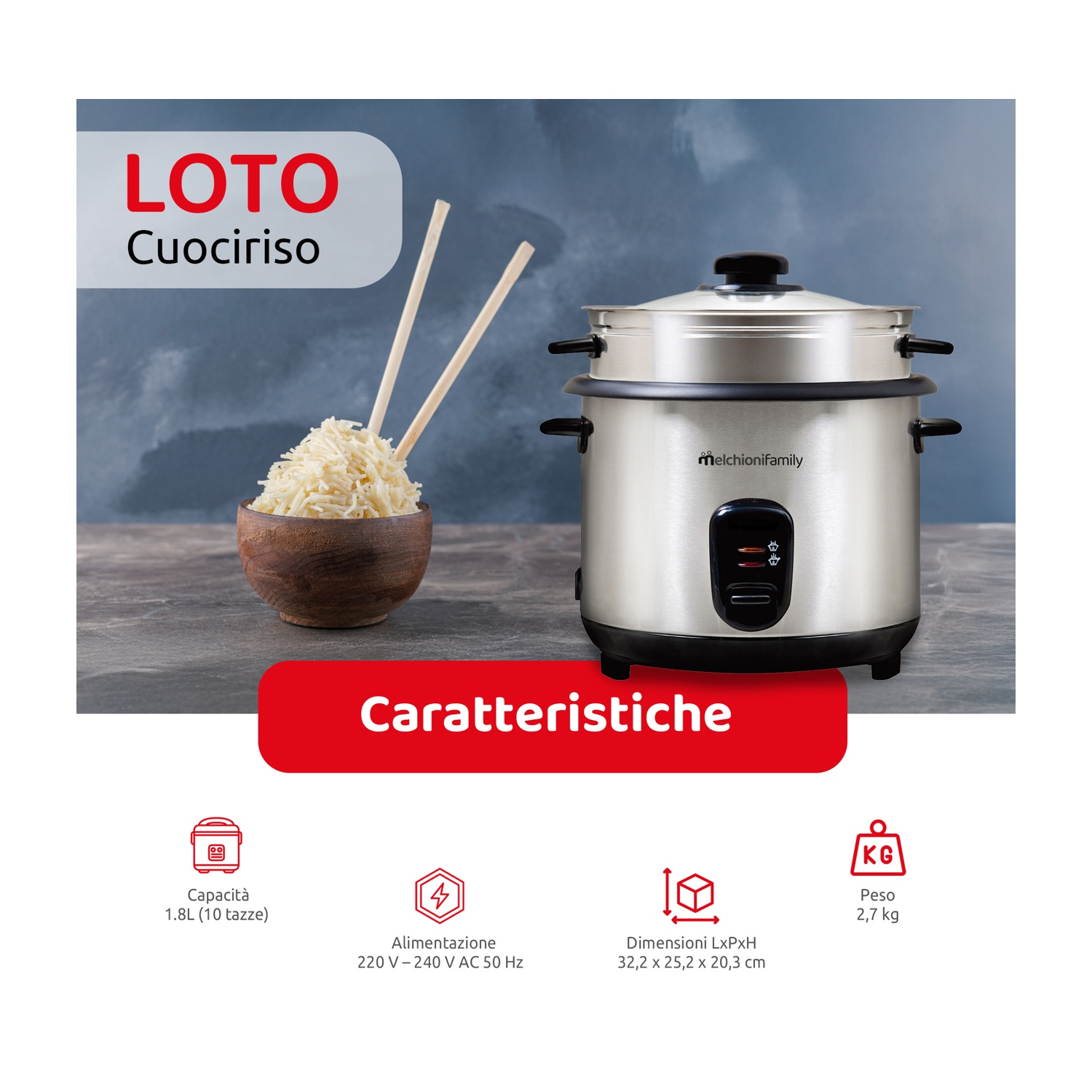 Una cuociriso argentata con una ciotola di legno con riso e bacchette a sinistra. Testo italiano descrive le caratteristiche.