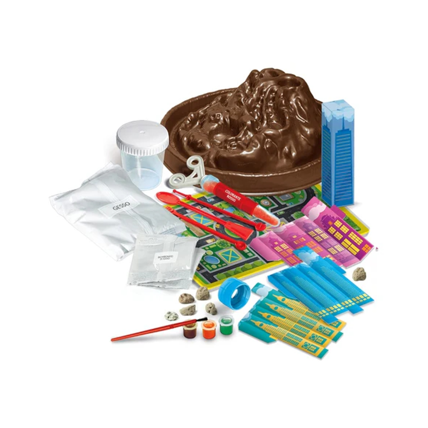 Un kit con vulcano, edifici, vernice, pennelli e altri accessori, il tutto su sfondo bianco.