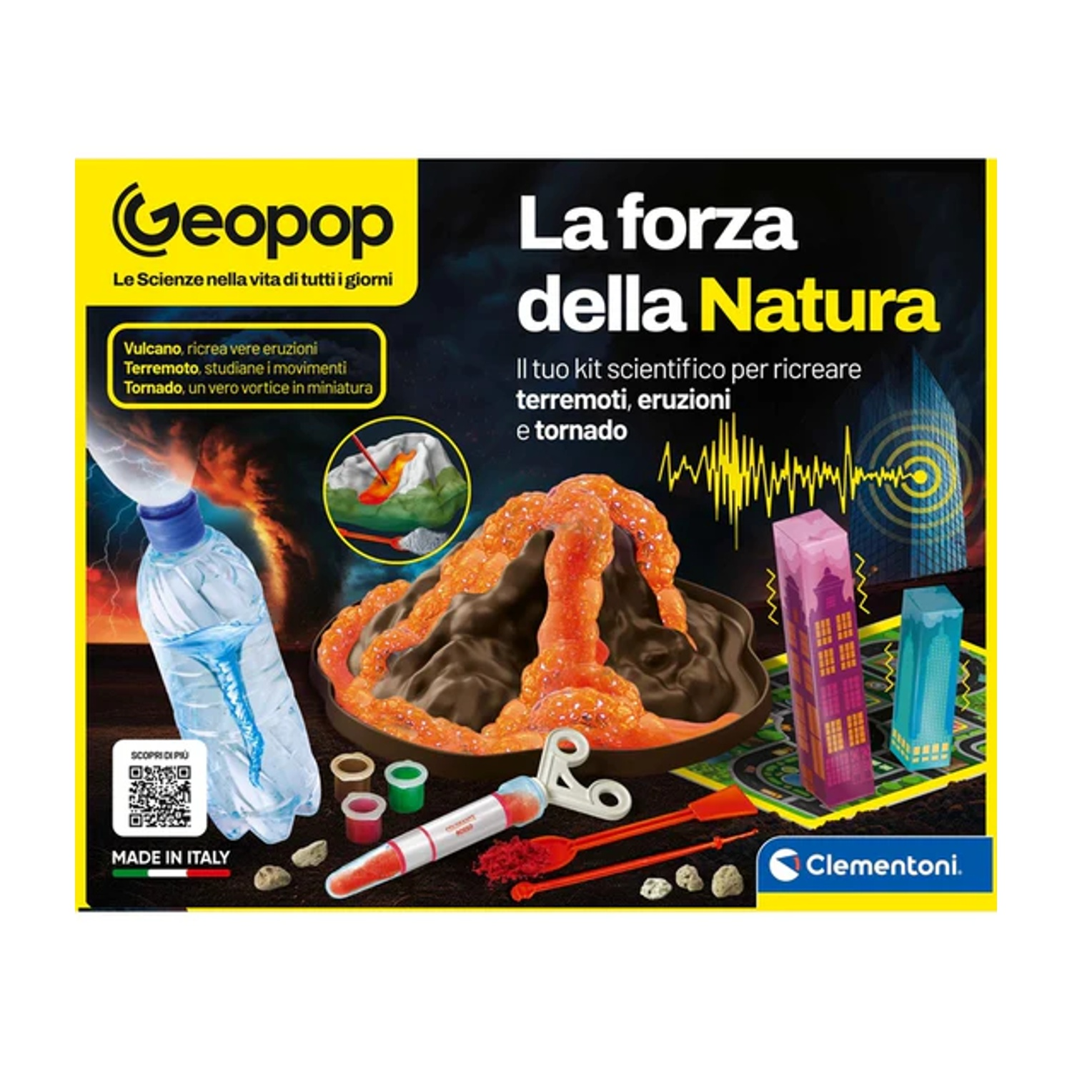 Un kit scientifico mostra un vulcano, un tornado in bottiglia e edifici. Si intitola 'La forza della Natura' di Clementoni.