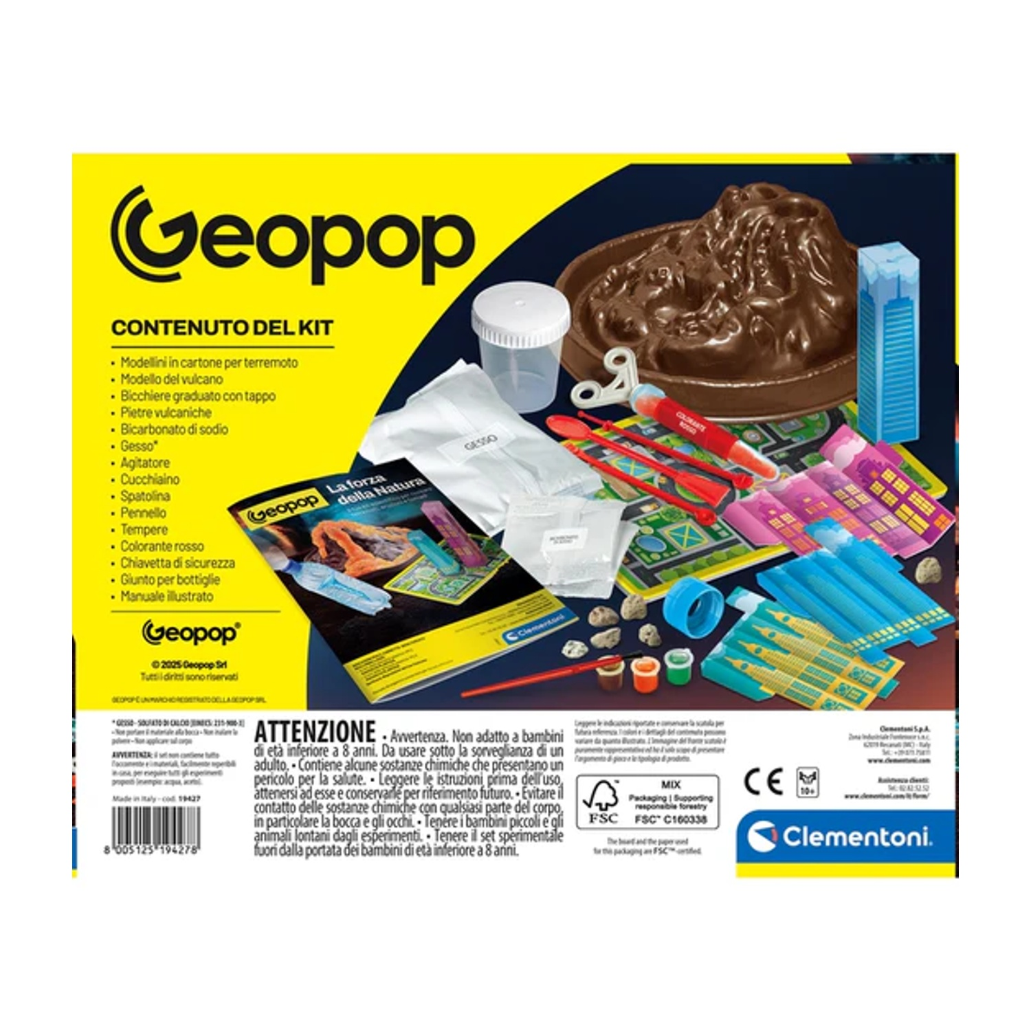Una scatola del kit Geopop con modello di vulcano, strumenti e istruzioni, con un vulcano ed edifici. Contiene vari elementi.