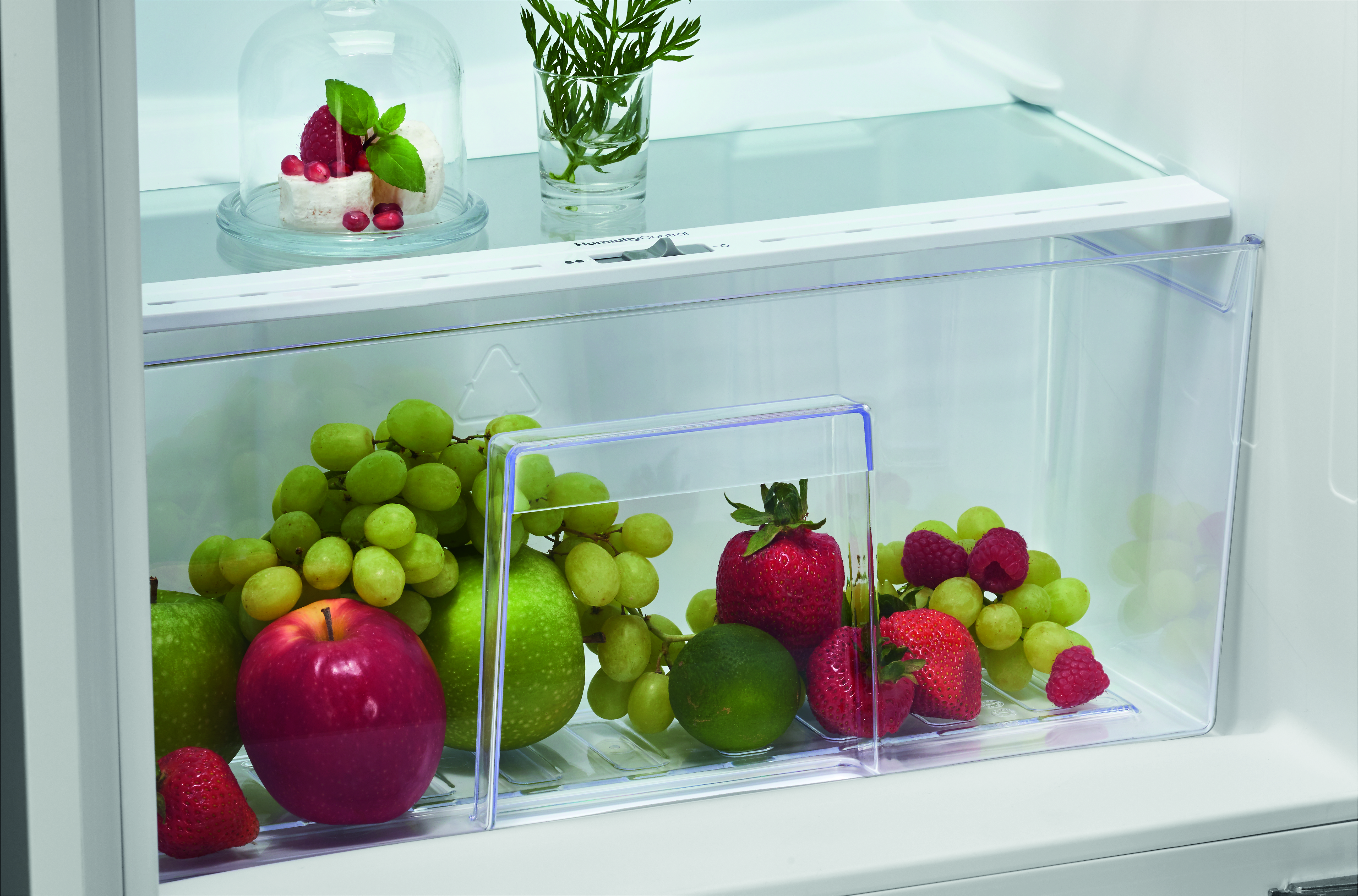 Un tiroir de réfrigérateur rempli de fruits : raisins verts, pomme rouge, pomme verte, fraises, framboises et un citron vert.