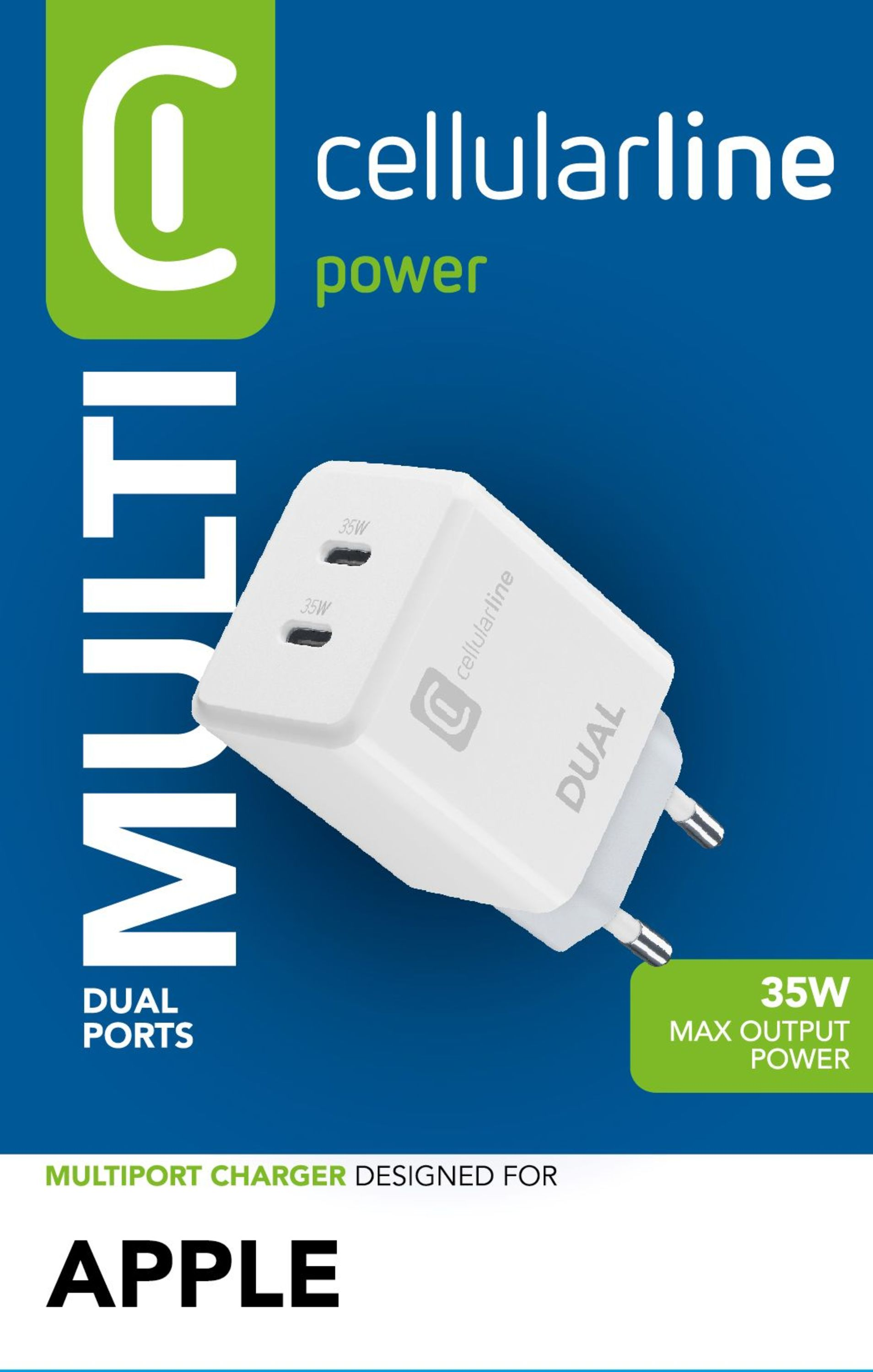 Ein weißes Cellularline-Dual-Port-Ladegerät wird auf blauem Hintergrund mit dem Text 'MULTI' und 'power' angezeigt.