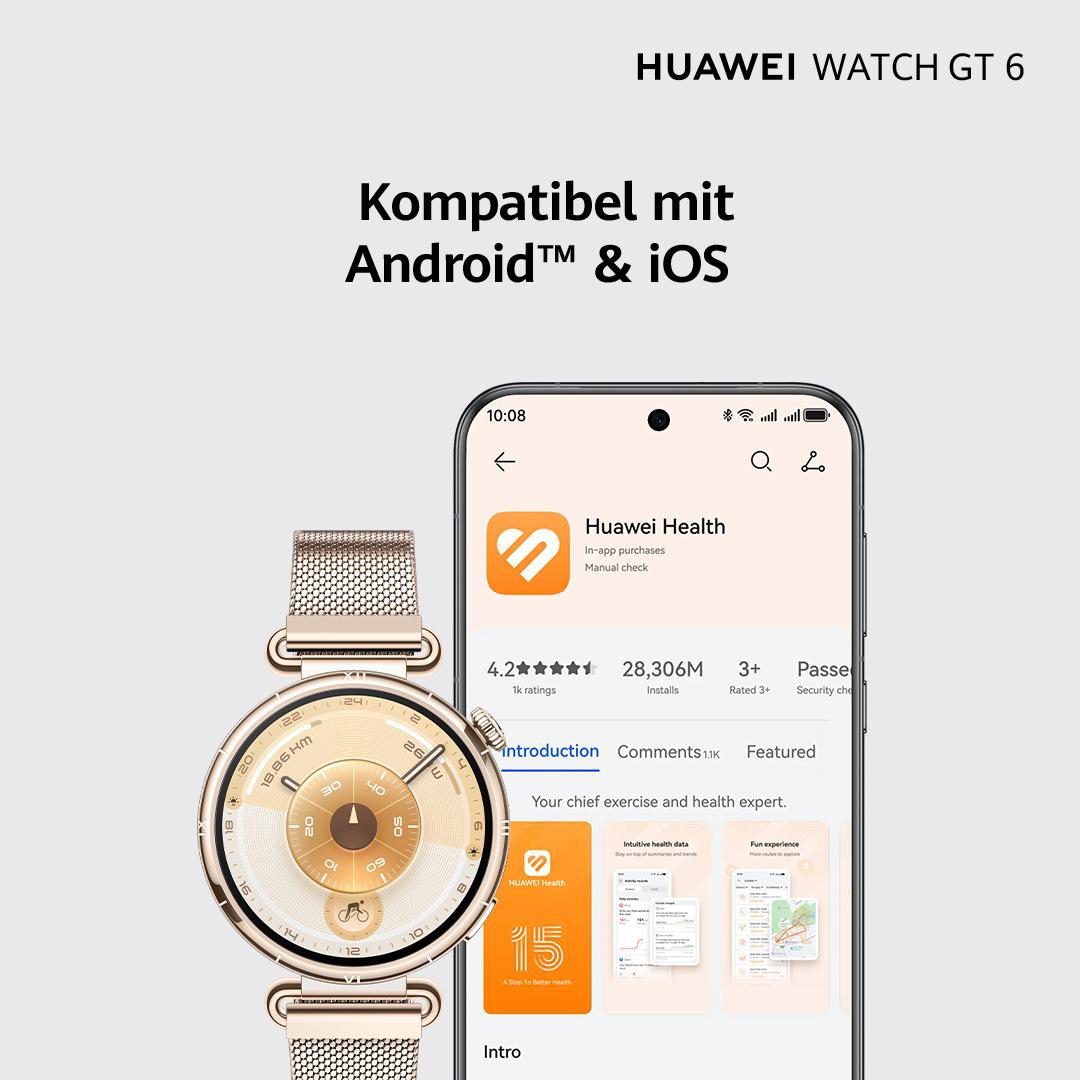 Eine goldene Huawei Watch GT 6 und ein Smartphone, das die Huawei Health App mit Gesundheitsdaten und einer Karte zeigt.