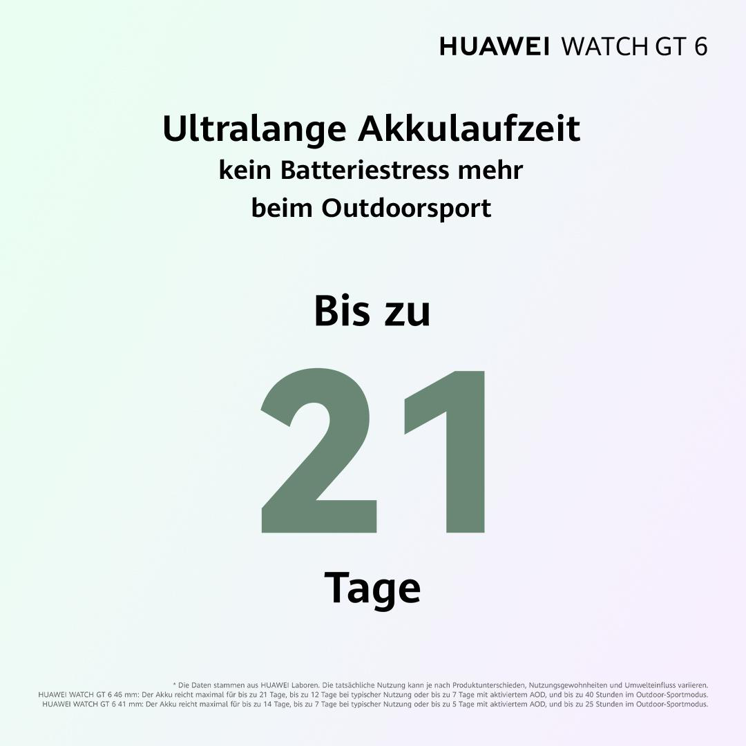 Bild zeigt 'HUAWEI WATCH GT 6' mit Text zur Akkulaufzeit: 'Bis zu 21 Tage'. Hintergrund ist ein Farbverlauf.