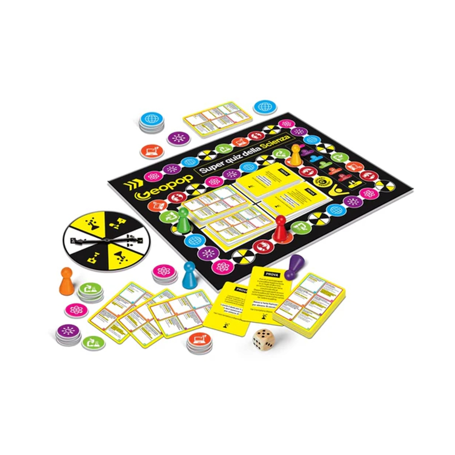 Un gioco da tavolo con carte, gettoni, dadi e pedine. Il tabellone ha un percorso colorato. Il titolo del gioco è 'Super quiz della Scienza'.