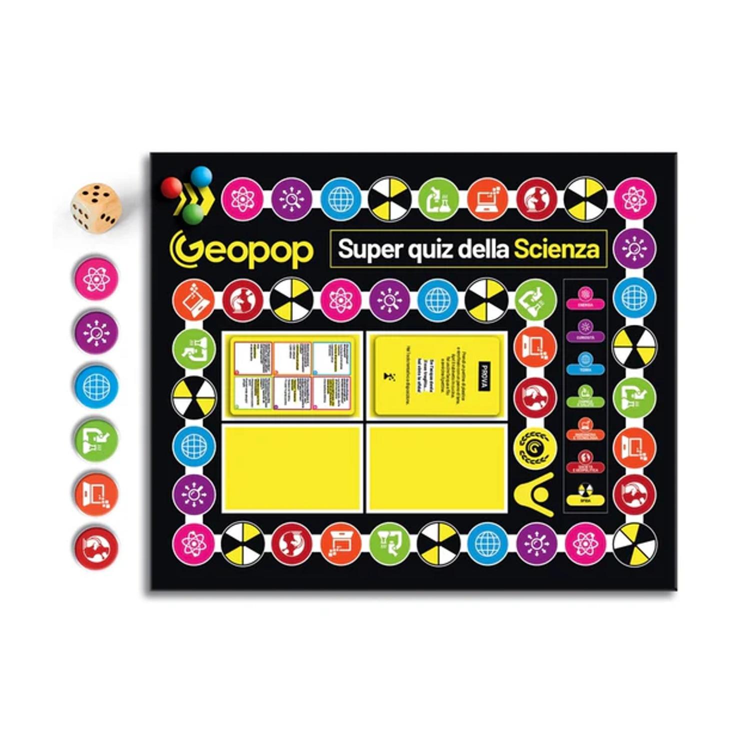 Un gioco da tavolo intitolato 'Geopop Super quiz della Scienza' con icone colorate e un dado, circondato da gettoni colorati.