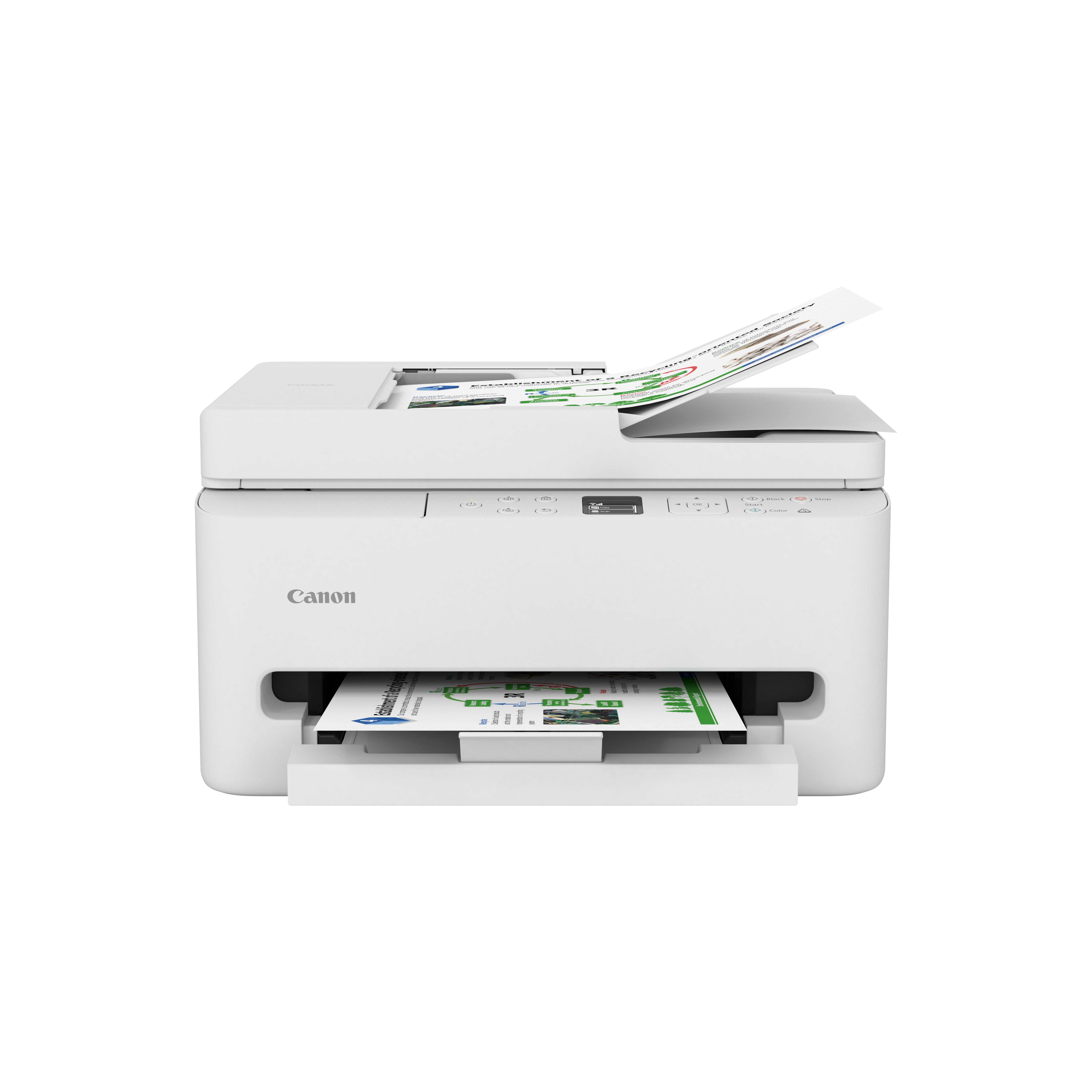 Weißer Canon-Drucker mit Papierein- und -ausgabefächern. Papiere kommen oben heraus.