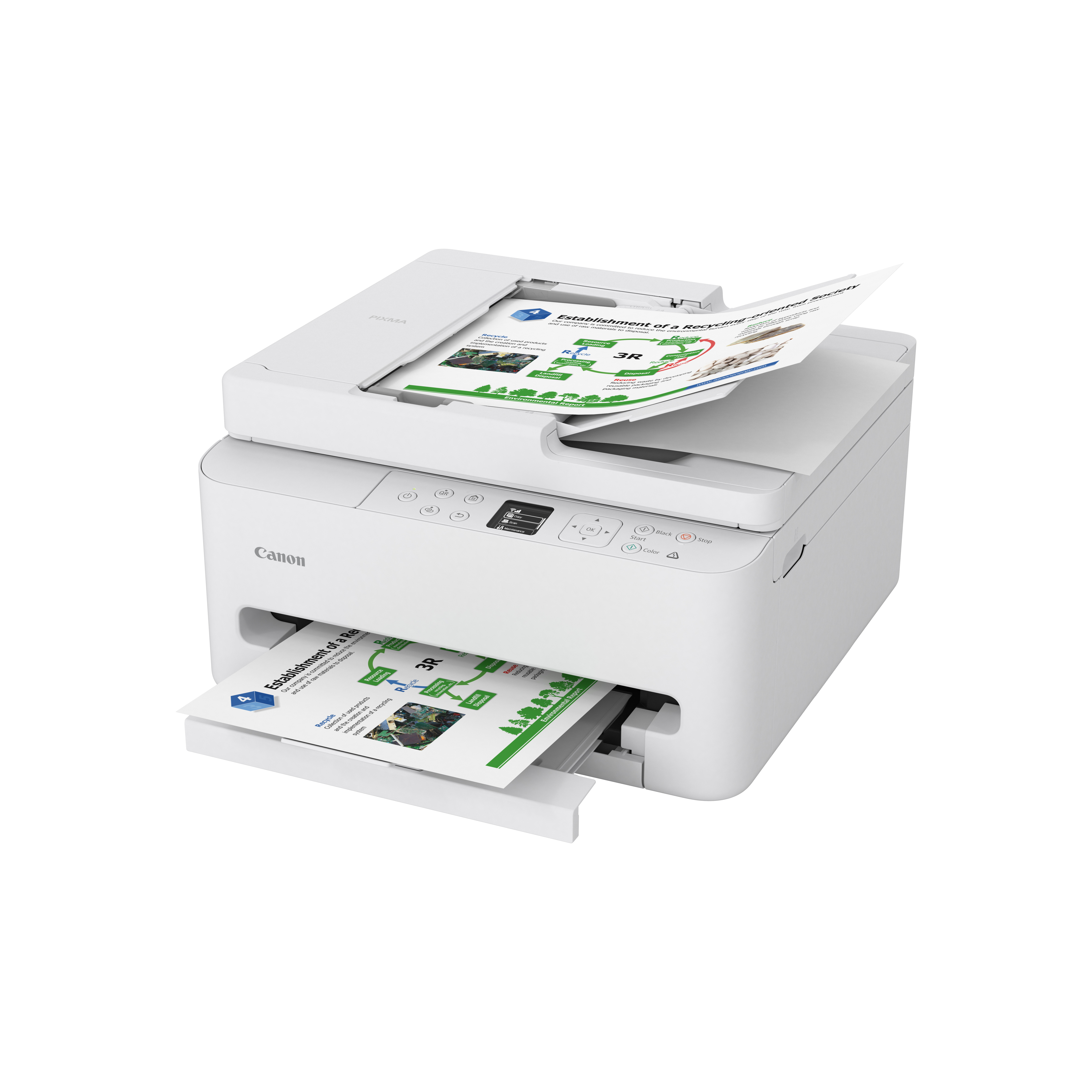 Weißer Canon-Drucker mit geöffneten Papierfächern. Papiere mit Diagrammen sind sichtbar. Der Drucker steht auf weißem Grund.