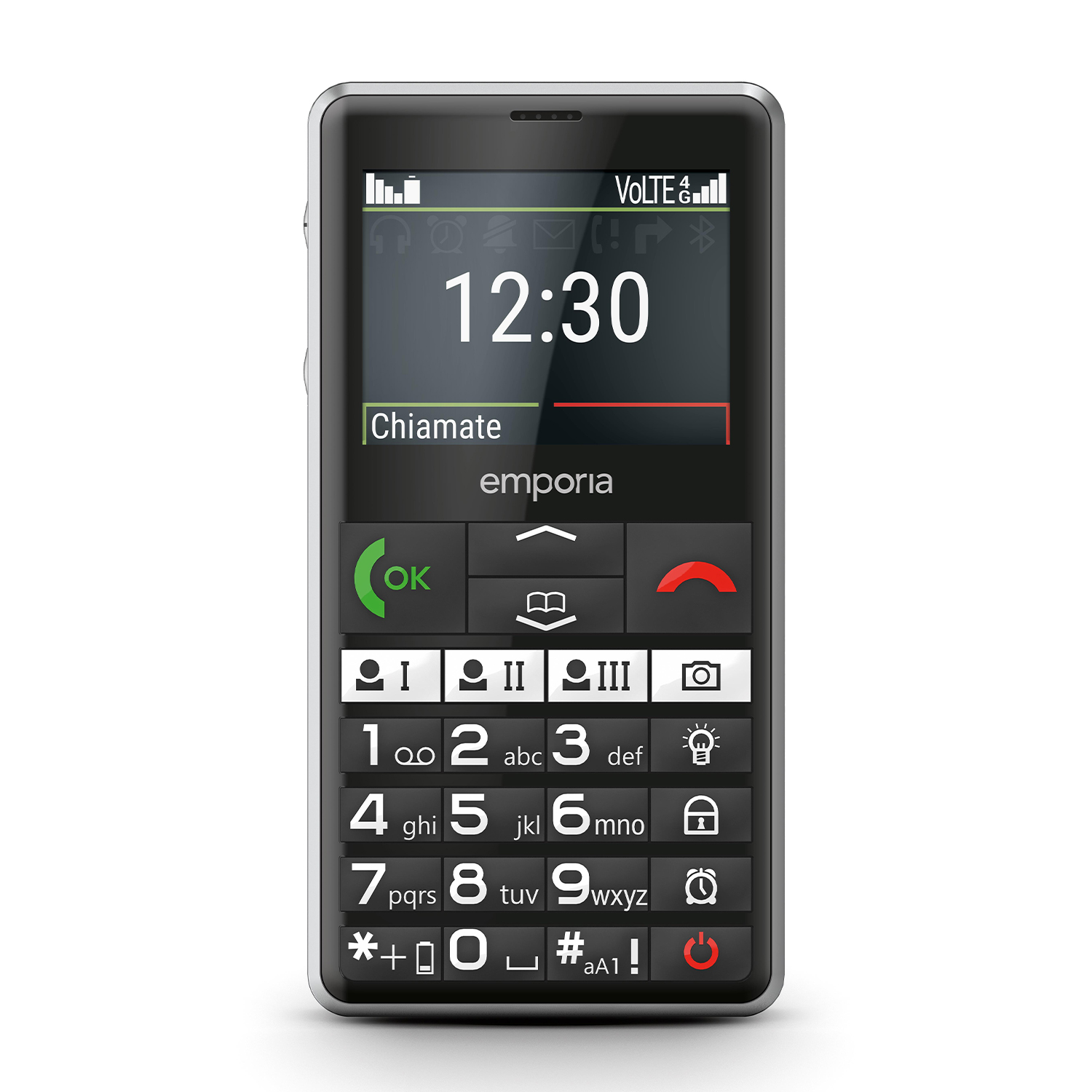 Un cellulare nero con tasti grandi mostra le 12:30. Ha uno schermo con 'Chiamate' e il marchio 'emporia'.