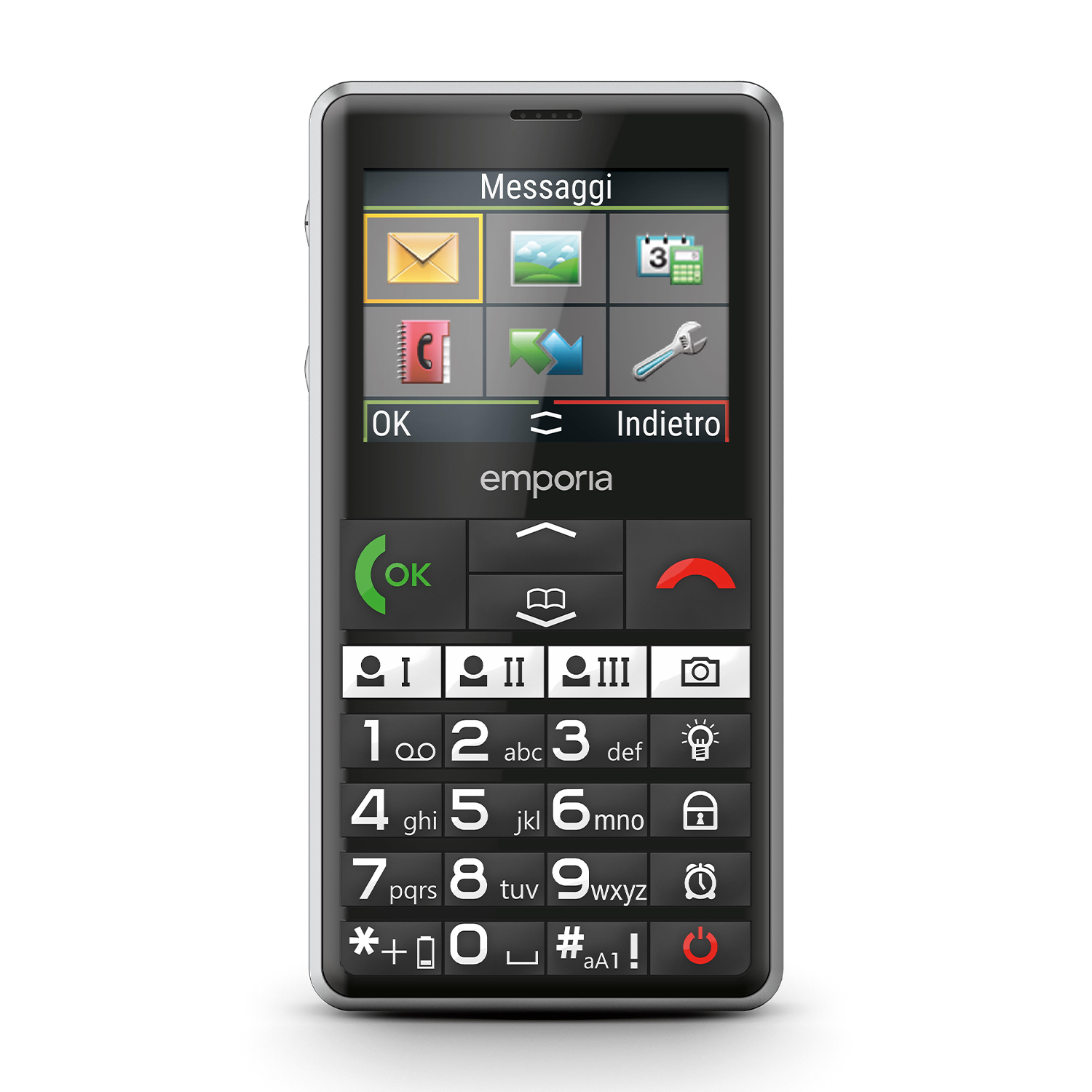 Viene mostrato uno smartphone nero con pulsanti grandi. Lo schermo visualizza icone per messaggi, calendario e altre app. Il telefono è su sfondo bianco.