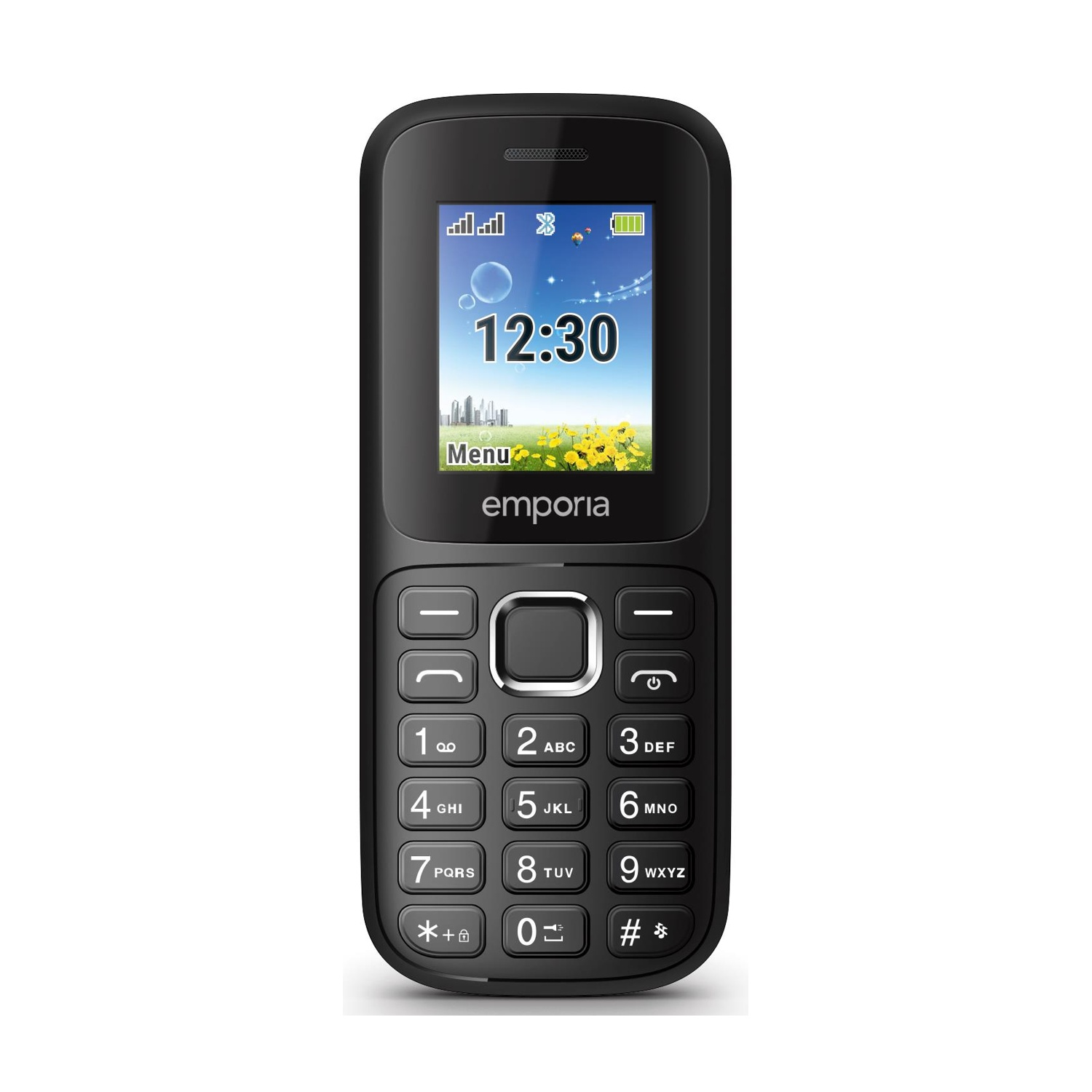 Un telefono cellulare Emporia nero mostra l'ora, il segnale e la batteria. Ha tasti numerati e un pulsante di navigazione centrale.