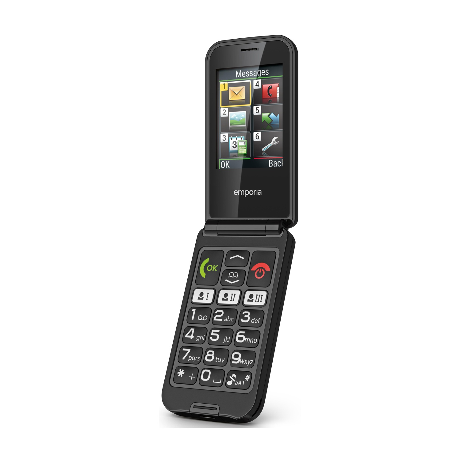 Un telefono a conchiglia nero è aperto, mostrando uno schermo con icone. La tastiera ha tasti grandi con numeri e simboli.
