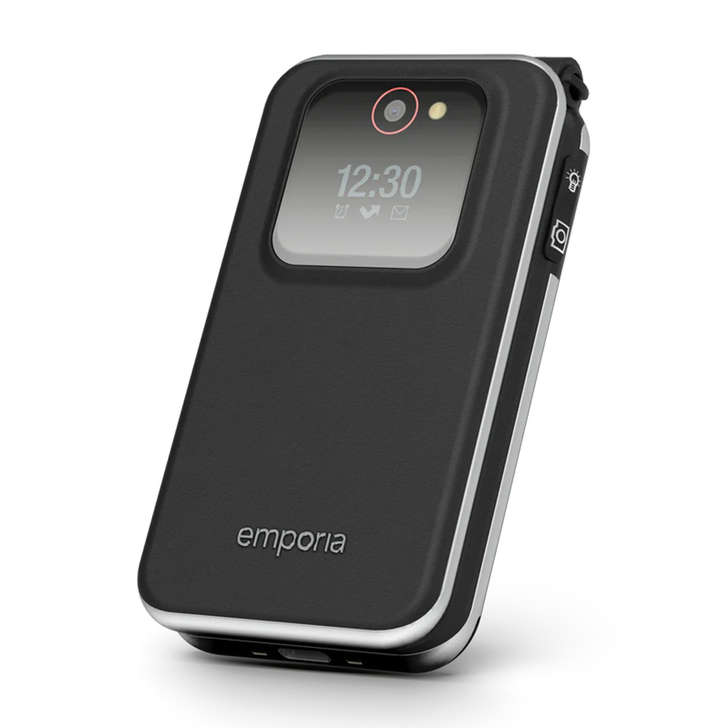 Telefono a conchiglia Emporia nero. Visualizza le 12:30 sullo schermo. Ha pulsanti fotocamera, luce e fotocamera. Finiture argentate e sfondo bianco.