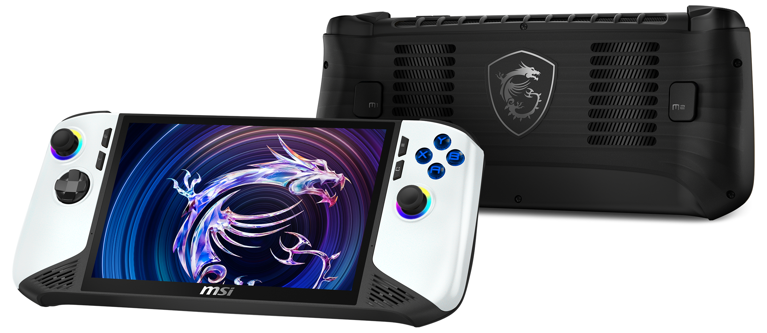 Ein weißes und schwarzes MSI-Handheld-Gaming-Gerät. Der Bildschirm zeigt eine Drachengrafik. Ein weiteres Gerät befindet sich dahinter.