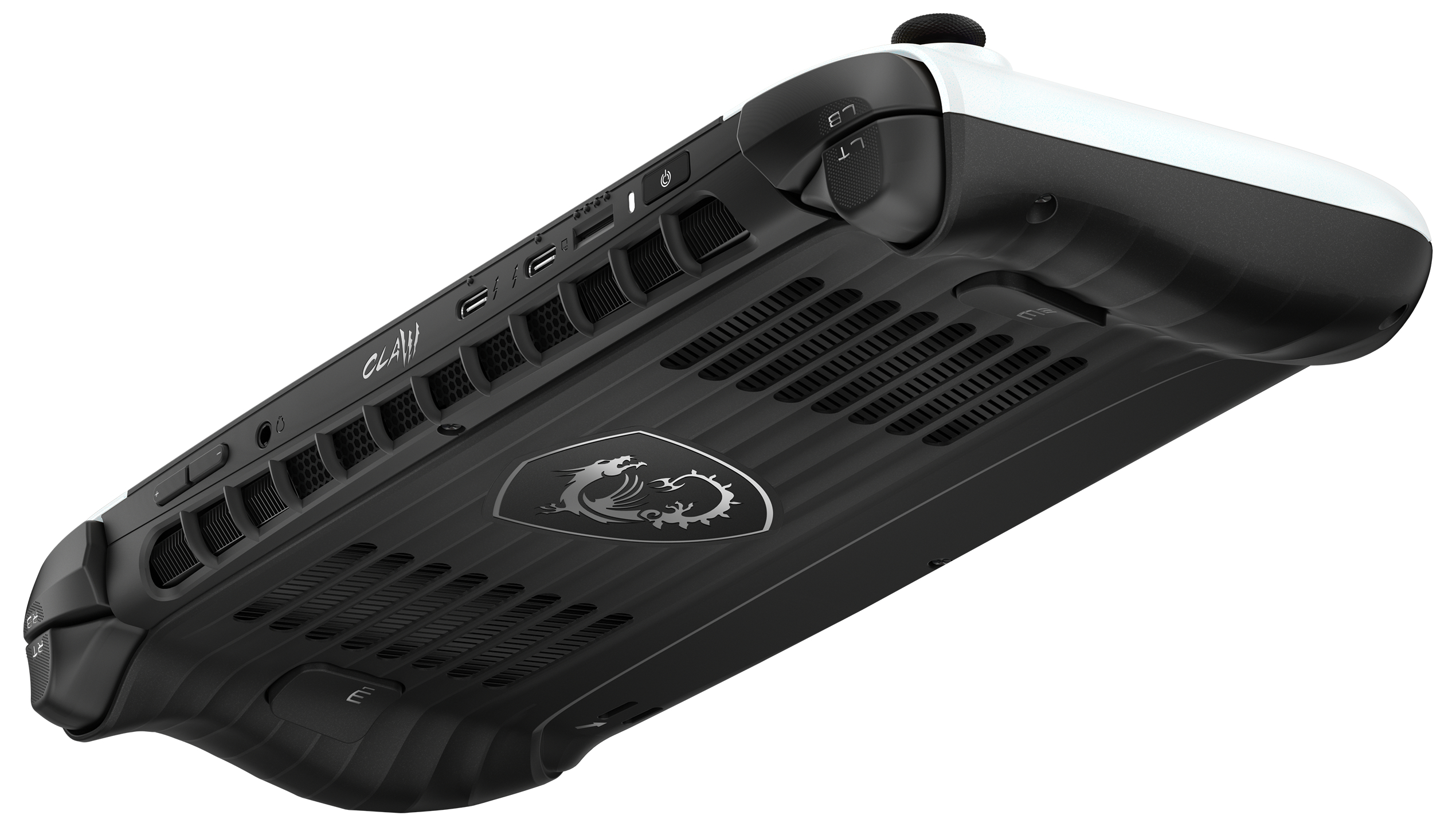 Eine schwarz-weiße Handheld-Spielkonsole. Merkmale sind ein silbernes Drachenlogo, Knöpfe, Lüftungsschlitze und verschiedene Anschlüsse.