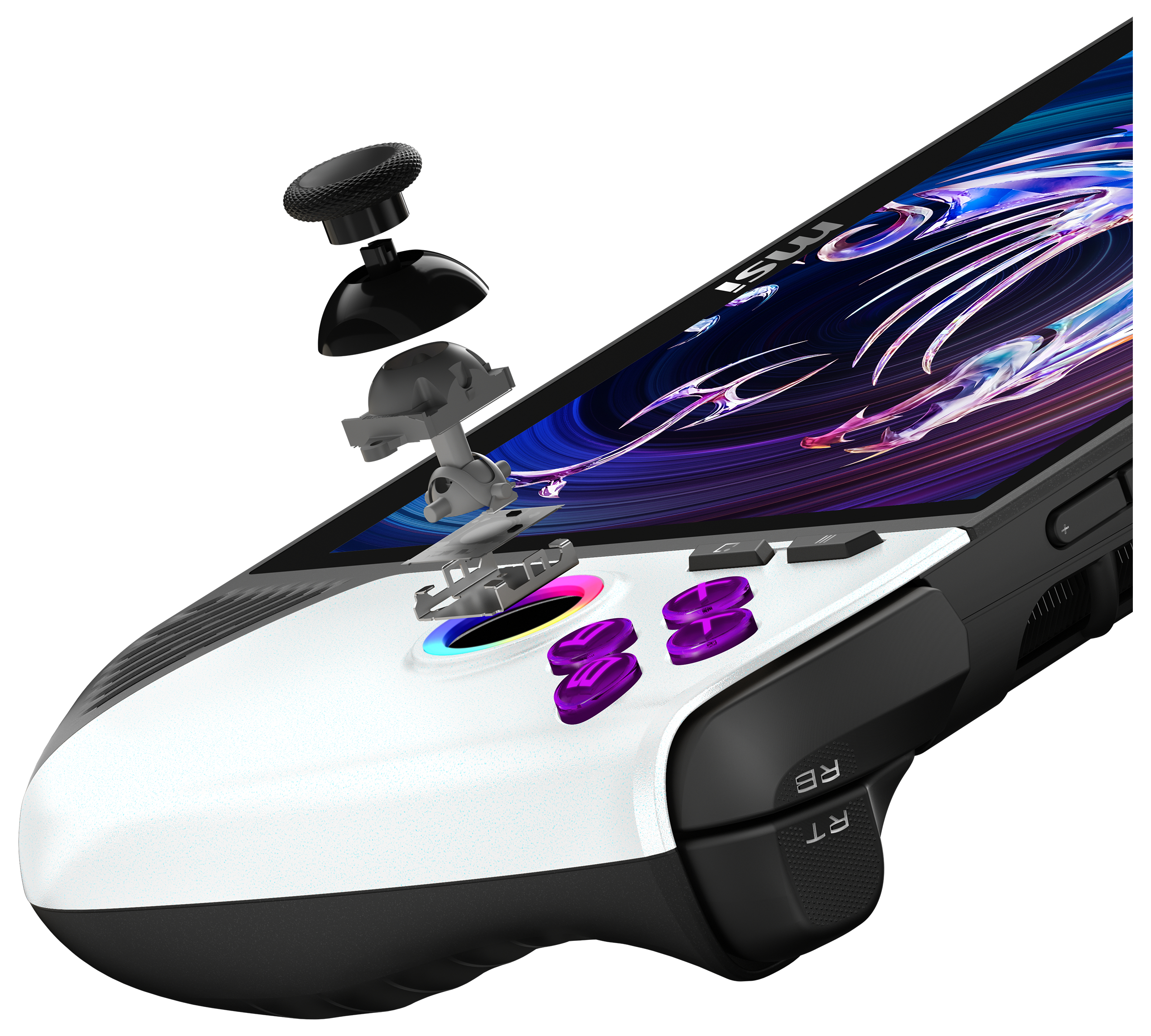 Nahaufnahme eines Gamecontrollers. Er hat einen Bildschirm, Knöpfe und einen Joystick mit Explosionsansicht.